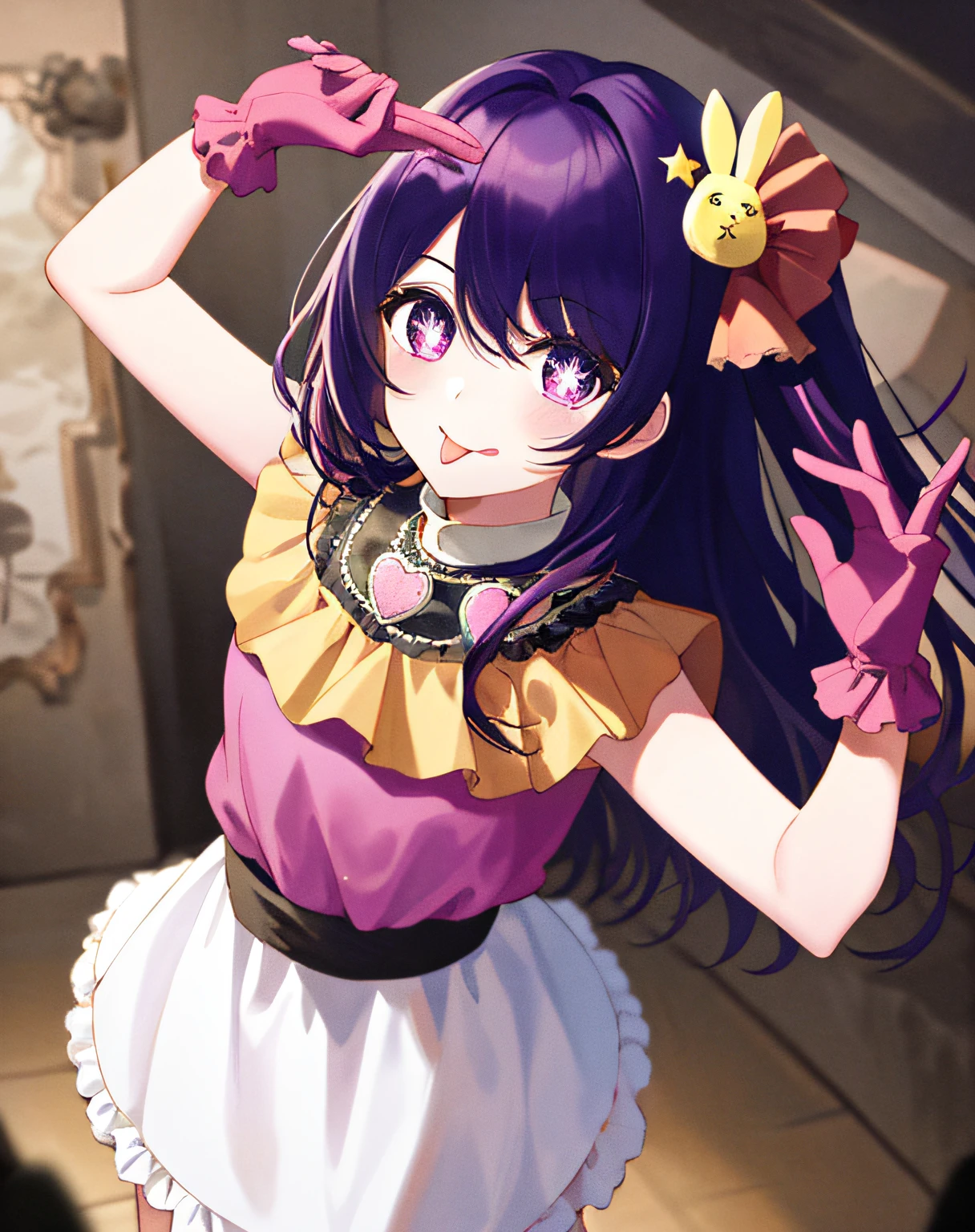 1girl, full body, cowboy shot,
(Rembrandt), illustration, (masterpiece), (best quality), (ultra_detailed), finely detail, (Depth of field),
HshinoAi,gloves, tongue out, tongue, long hair, star \(symbol\), looking at viewer, (purple hair:1.2), purple eyes, upper body, hair ornament, :p, frills, pink shirt, smile, sleeveless, shirt, idol, symbol-shaped pupils, hands up, bangs, one side up, star-shaped pupils, arms up,
dress pull,
Roaring Twenties, isometric, from above, sky, flower, cliff,