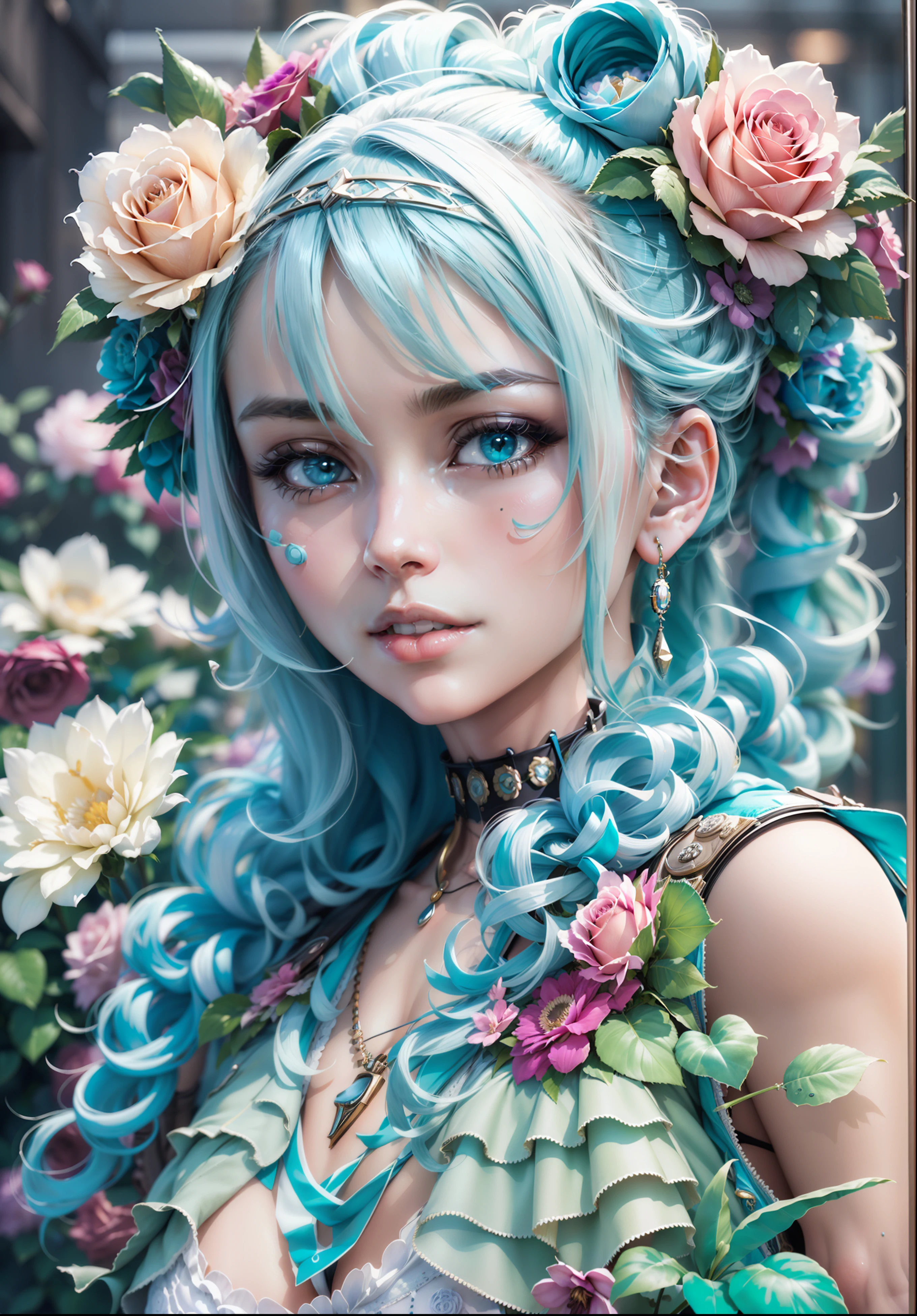 cool、urbane、art deco、Photographic portrait of beautiful women, Sony α7, 35mm Lens, f1.8、((Konmutsuki_gacha_series1, punk_rosette))), cute girl, aqua color flowers, (full body), elegant flowers background, realistic photo, beautiful woman, Beautiful girl, beautiful background, charming girls, realistic 3d style, photo realistic render