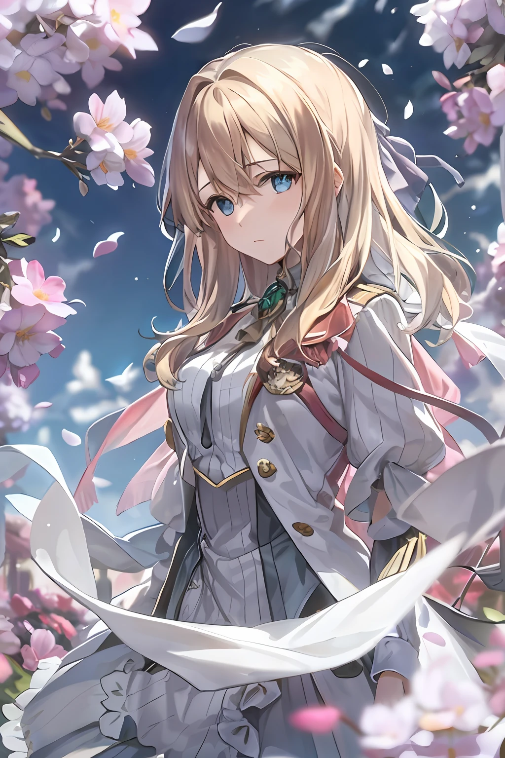 (Dynamic Angle: 1.3), Wind, Movie Highlight, Tyndall Effect, 1 Girl, Upper Body,  Look at the Audience, Extreme Close Up, violet_evergarden, Solo, Jewelry, Expressionless, Brooch, blonde_hair, ( Vevry Long Hair: 1.2), messy_hair, Floating hairlong_sleeves, Ribbon, blue_eyes, Jacket, Dress, Gemstone, hair_ ribbon, sky, depth_of_field, flower fields, fluttering petals, robotic arm