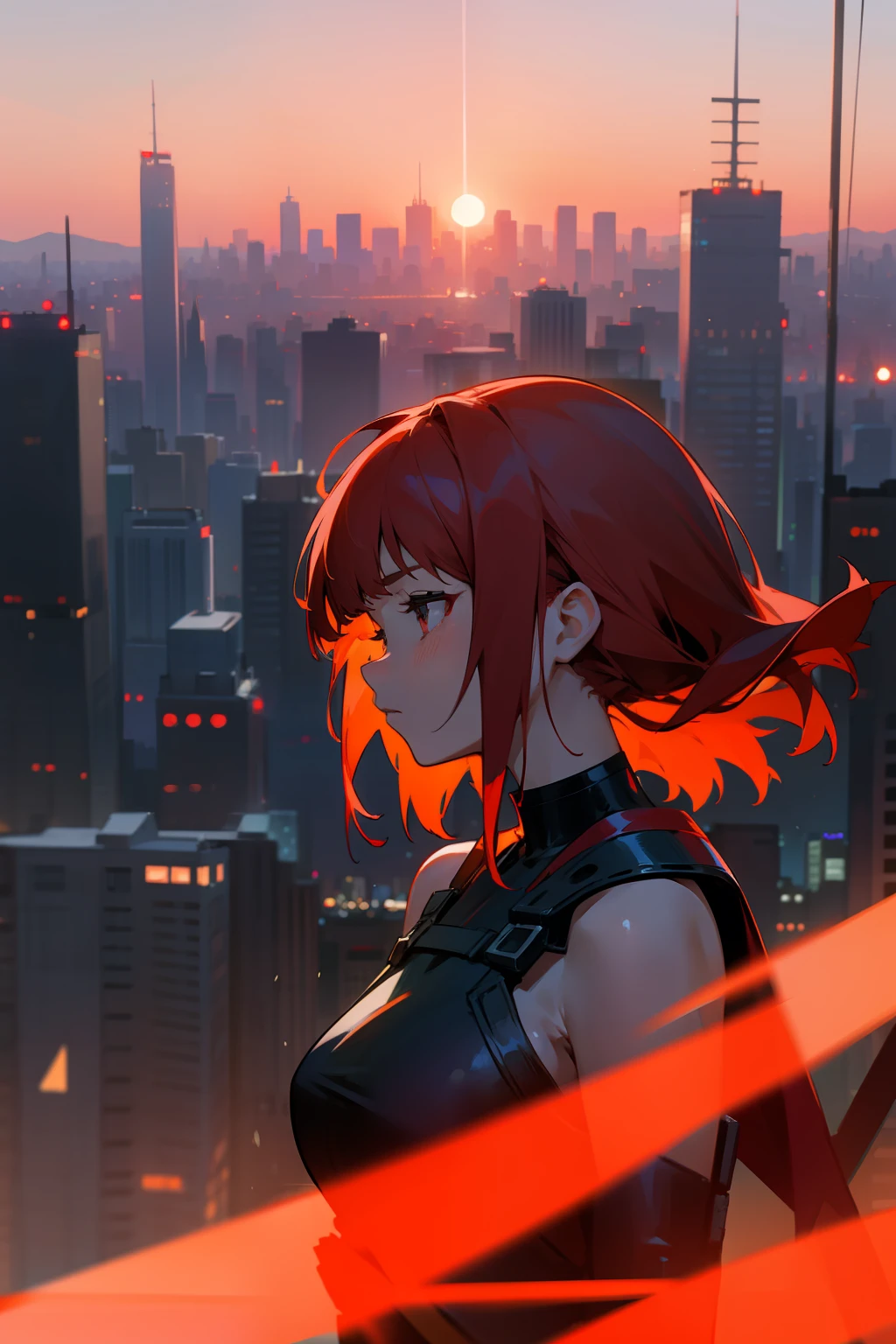 Girl with shoulder-length red hair, a closeup of a, Sad, against the backdrop of the city, Sundown