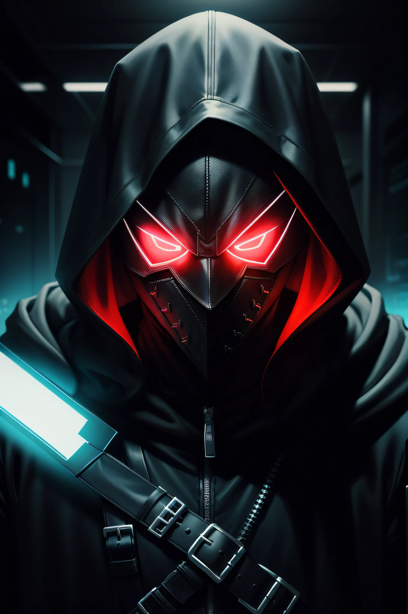 A hooded man wearing a black mask , hiper brilho , ezio , hacker , neon light , hiperdetalhado , hiper realista , cinematic lighthing