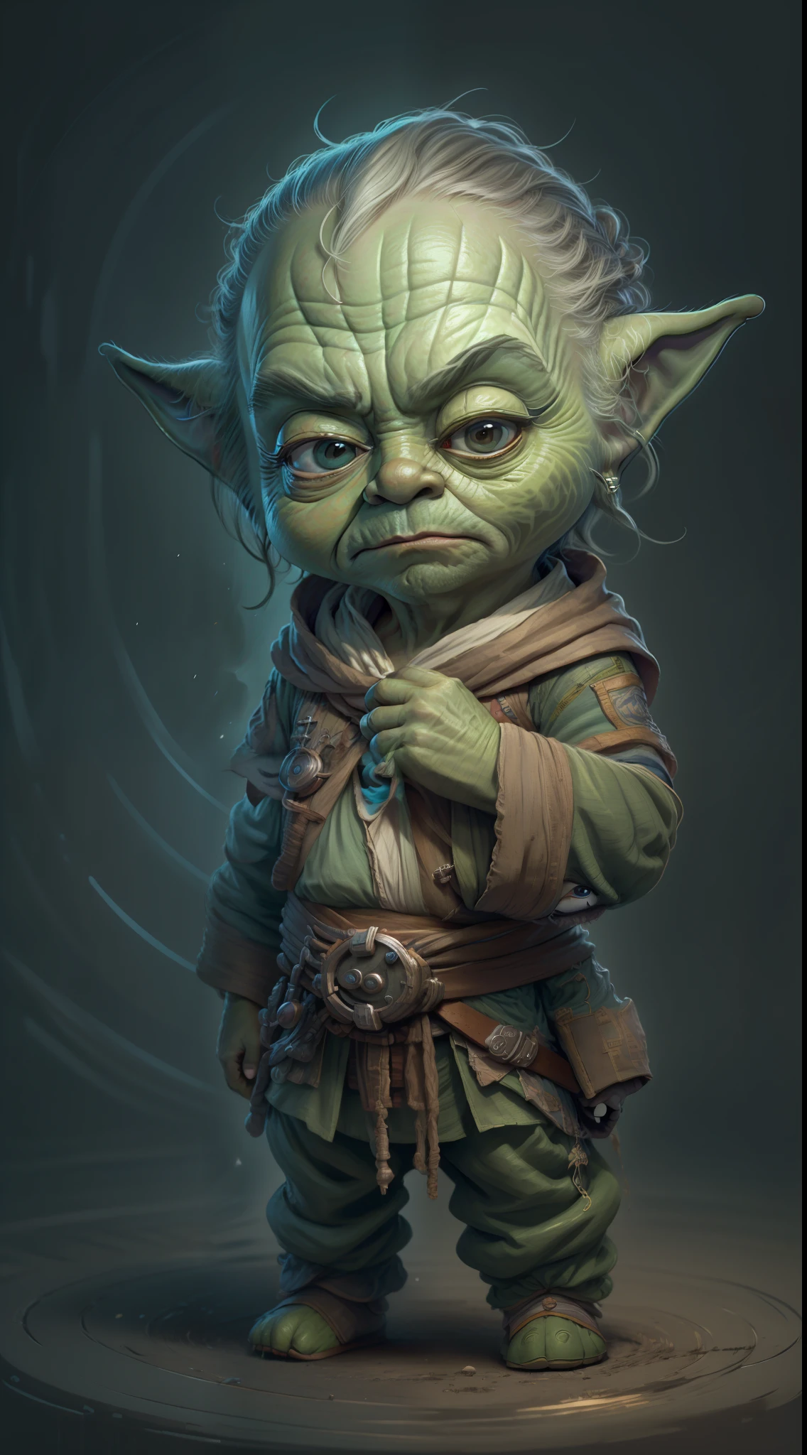 (beste-Qualit), (tmasterpiece), Yoda, Funny caricature creature with a face, Soft thin pencil, saturated, Colors, made, Short Focus, vanishing point, vignetting, Light in contrast, Highly detailed, hyper realistic, 64 thousand., soft natural volumetric cinematic perfect light, chiaroscuro,