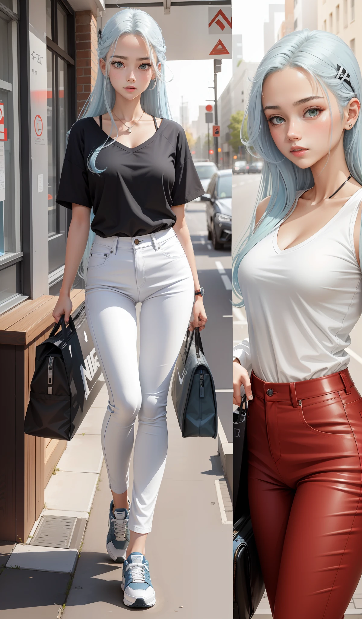 a woman in a white shirt and red pants is playing video game, simple style, wearing elegant casual clothes, muted red, simple clothes, milk and red style, casual clothing style, modern fashion outfit, wearing a fisher , casual modern clothing, inspo, red clothes, red pants, neutral tones, rred and white color scheme, casual business outfit, cute face, nike shoes, 17 years old, adult face, long hair, ((light blue hair)) and gleaming detailed bright light yellow coloured eyes, slim frame, small breasts, long legs, curvaceous figure, sharp features, black headband