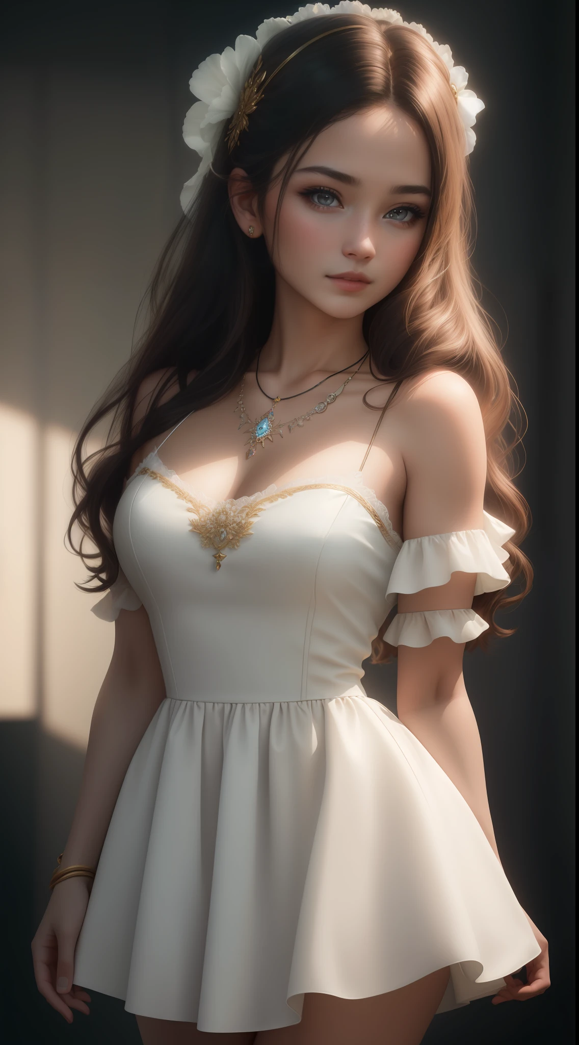 Best quality, masterpiece, high resolution, 1girl, porcelain dress, hair accessories, necklace, jewelry, beautiful face, on the body, Tyndall effect, realistic, dark studio, edge lighting, two-tone lighting, (high detail skin: 1.2), 8k UHD, dslr, soft light, high quality, volumetric light, candid, photo, high resolution, 4k, 8k, background blur,