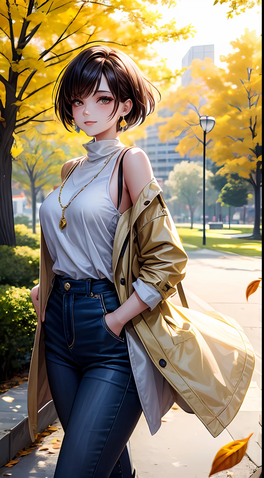 Young woman, dressed in modern urban clothes, short hair, big yellowish eyes, soft make-up, on a Park with many trees, The shadow of the leafs falling in her. High detailed, Gold earings with precious gems. Sunny day, shes happy and peacefull.