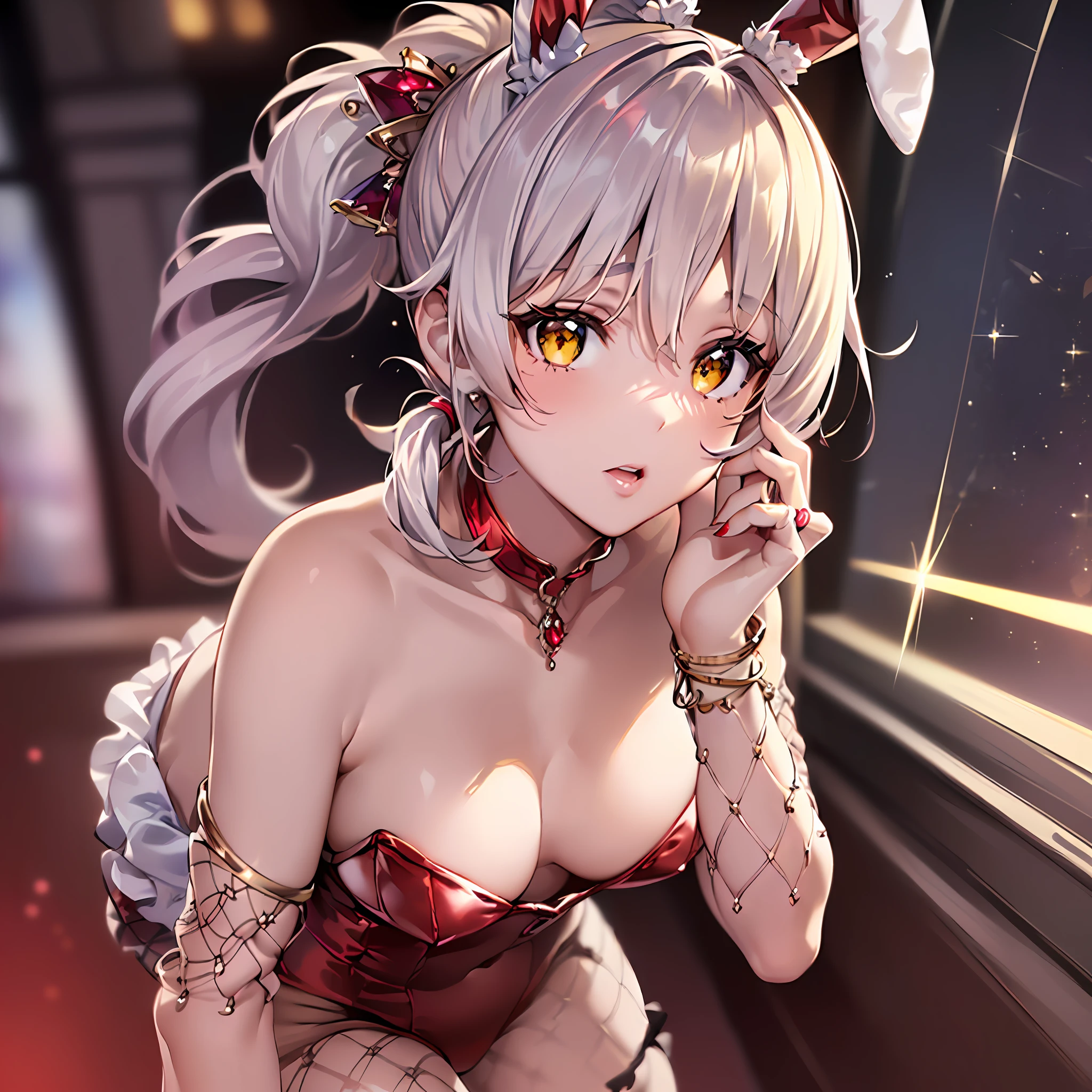 (masutepiece) ((Kaleidoscope)) ((Harmonious)) (ultra-quality) (very exquisite) (Professional Balance) (absurderes) (Wide Shot) (1人の女性) ((Upper body)) ((fullllbody)) ((F Cup Breasts)) (Fine-grained body lines) ((realisitic:0.75)) (zettai ryouiki) (Hi-Res Textures) (Clearly draw the shape of the nose) ((Exposure 1:0.25)) (((Shiny skin))) (X Hair Ornament) (Ornament Heart(Glitter Bangle) (((((Beautiful ponytail shining red))))) (Wave hair) (Quality and beautiful finger placement) (Fine, Beautiful clean hands) (It clearly depicts the reflection of small white light in the pupil, which adds depth to the pupil) (((top-quality、Elegant yellow detail eyes))) (((Ultra Definition Masterpiece Highest Quality:1.2 4DCG high quality))) (Highly detailed face and eyes) (24-year-old woman) (Model body type) (Slender and long legs) (A slender) (Mascara 1) (Eyeshadow 1) (Eyeliner 1) (Glossy lipstick) ((Angle of pull)) ((model poses)) ((((Cosplay Fishnet Stockings 1:1.25) (Red Sapphire Bunny Girl 1.25:1.25)))) ((((longshot)))) (((wide Shots))) (Background Las Vegas Casino 1.25) (((Leaning forward))) (((G cup breasts in hand(((emphasized)))))) (((Dainty appearance))) (((Background with:Subject ratio:1:0.5))) (((NSF1:1.5))) (((Close-up of bust))) (((Shameless))) (Bunny girl ears) (Gesture of pulling panties)