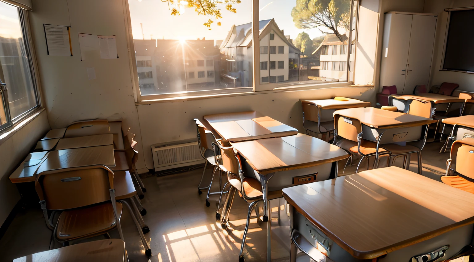 High school after-school classrooms、The setting sun shines on the desks through the classroom windows、photorealestic、highly details、recall