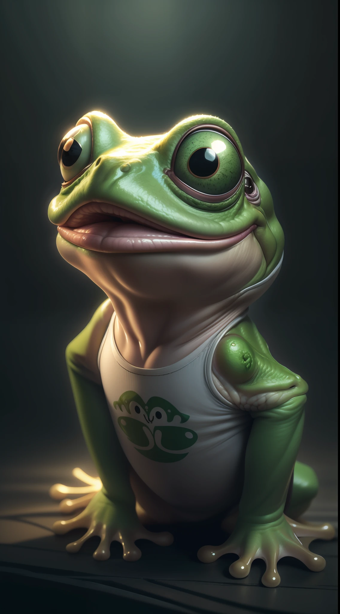(beste-Qualit), (tmasterpiece), young frog, Funny caricature creature with a face, Soft thin pencil, saturated, Colors, made, Short Focus, vanishing point, vignetting, Light in contrast, Highly detailed, hyper realistic, 64 thousand., soft natural volumetric cinematic perfect light, chiaroscuro,