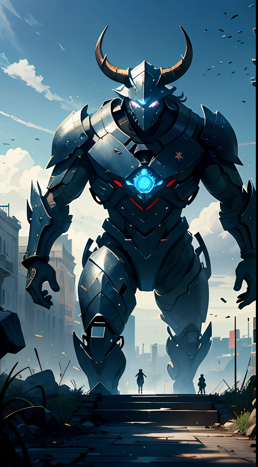 Warriors from another world,Has a bull's head and a human form,Dressed in a shiny metal mech costume,standing on your feet,(It has a snake-like tail on its lower body),(Detailed close-up of faces),handheldweapons,The vista is a bloody battlefield of carnage,ruined architecture,The vista is the fleeing crowd,(Dark black tones),(8k wallpaper),(CG style),(Watercolor style painting),(Noticeable light and shadow effects),(Ray traching),(There is light particle tracing),(Fantasy mythological style),style of surrealism,(Unreal Engine5),(Extremely expressive drawing technique),(Masterpiece),(Master made),(Photography Award),Ray