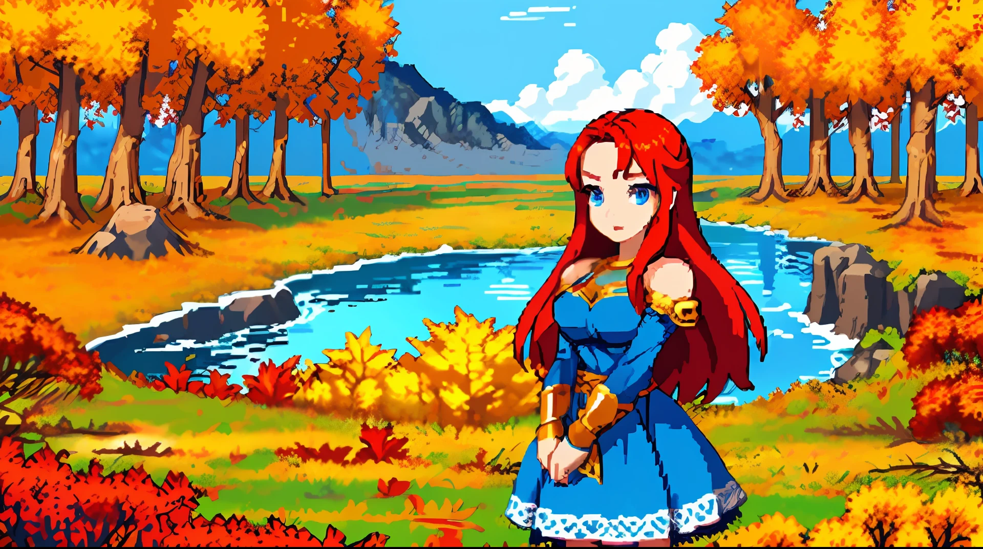 pixelart, a beautiful woman, viking hair, red hair, upper body, looking for viewer, cute, blue dress, golden acessories, shiny blue eyes, masterpiece, detailed, lofi environment, autumn landscape, day, smooth