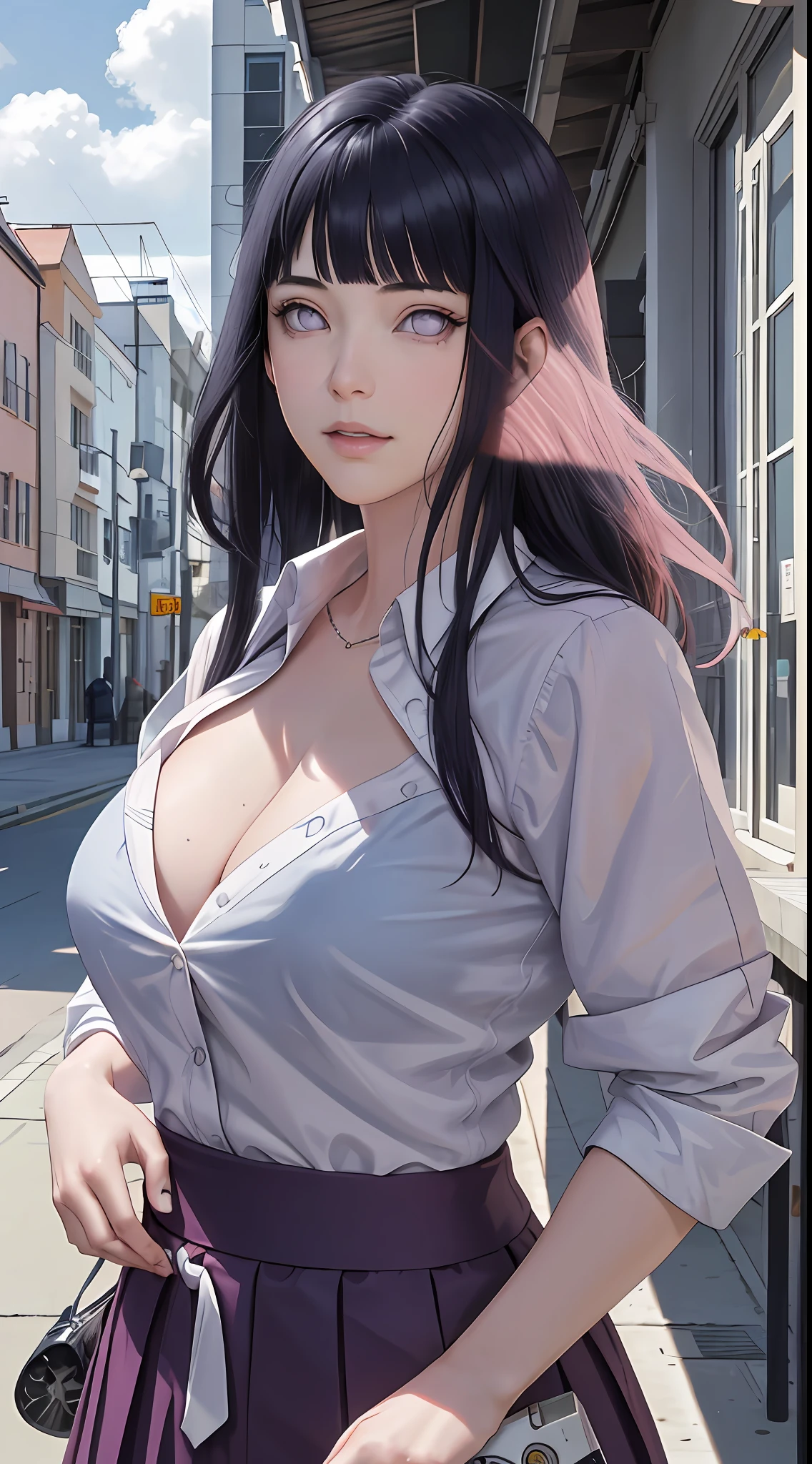 tmasterpiece， hyouka\（Boruto），Large breasts，cleavage， 1girll， 独奏， younger female， （（（（High School Uniforms））））， （high-school）， exteriors， looking at viewert， mostly cloudy sky， perfect compositions， Detailed lips， School buildings，， beauitful face， Body support， Be red in the face， （redish pink lips）， （（long whitr hair））， a purple eye， Soft gaze， Sad smile， Super realistic， A detailed， Shot， Realistick faces and bodies， photo-realistic hair， photorealistic eye， realistic nose， realistic lips， （（（dark-blue hair））），19 year old girl，Flowing skirt