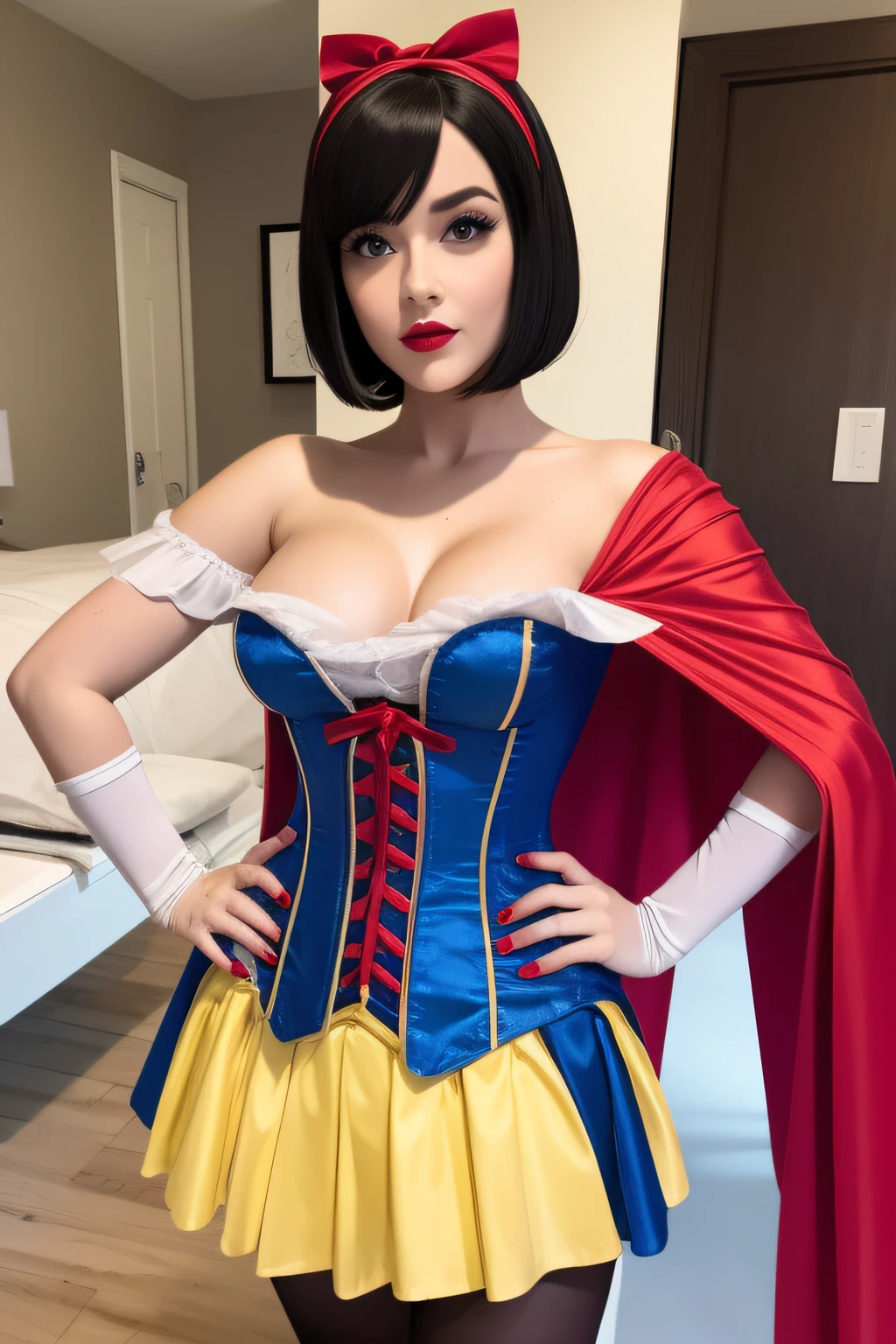 Beautiful, snow white cosplay, blue corset, yellow silk pleated skater skirt, red and white slashed shoulder sleeves, black bob hair, red headband, red cape, silk, satin, photorealistic, masterpiece, best quality, beautifully detailed face, detailed skin, white leggings, sexy