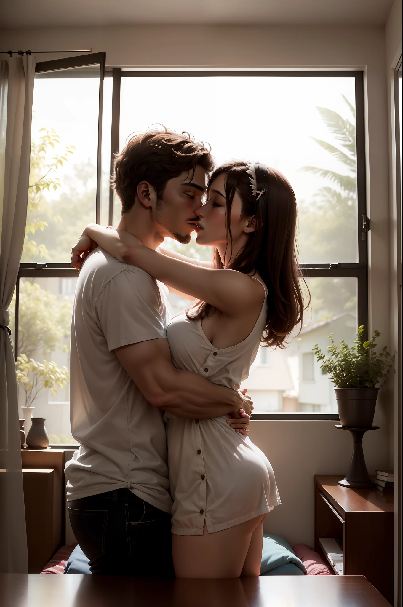 Couple hugging and kissing in a warm intimate moment (hot) em primeiro plano dentro de uma casa, in the living room with a large open side window that overlooks ther house that is focused on a girl looking at the couple who are kissing, (melhor qualidade:1.4), (detalhes altos:1.4), (high resolution:1.4), (circunstanciado:1)