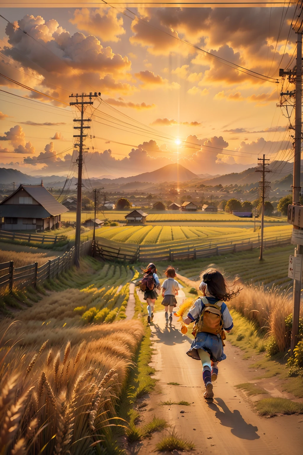 wheat field、Mai Lang、Children chasing after school in the distance，Utility poles in the distance、eventide、nice sunset、Childhood memories、highly details、photorealestic