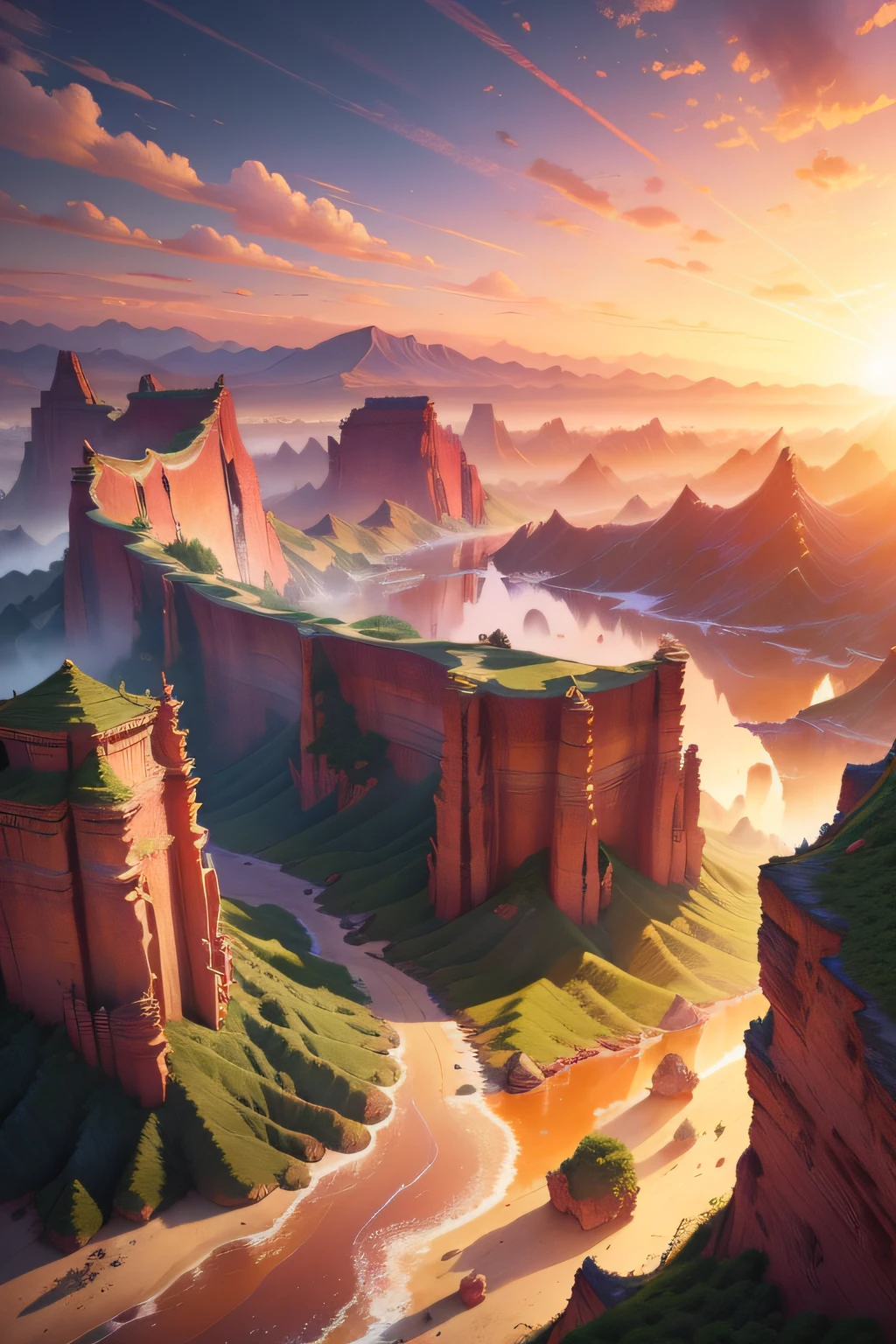 (Hyper-realistic), (illustratio), (A high resolution), (8K), (extremely higly detailed), (Most Best Illustration),, (best qualtiy), (ultra - detailed), (tmasterpiece), ( wallpaper), Danxia landforms、Landscape painting of a colorful sunset,Photo style、Northern Shaanxi characteristics