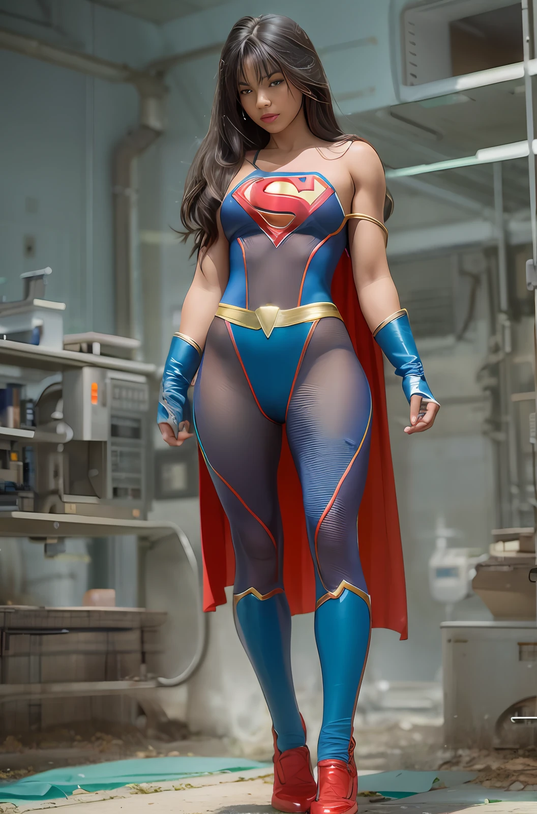 "A stunning 18-year-old brunette female, firmly bound to a laboratory chair, under intense exposure to excessive green gamma radiation. She is clad in a captivating Superman costume with a flowing cape."