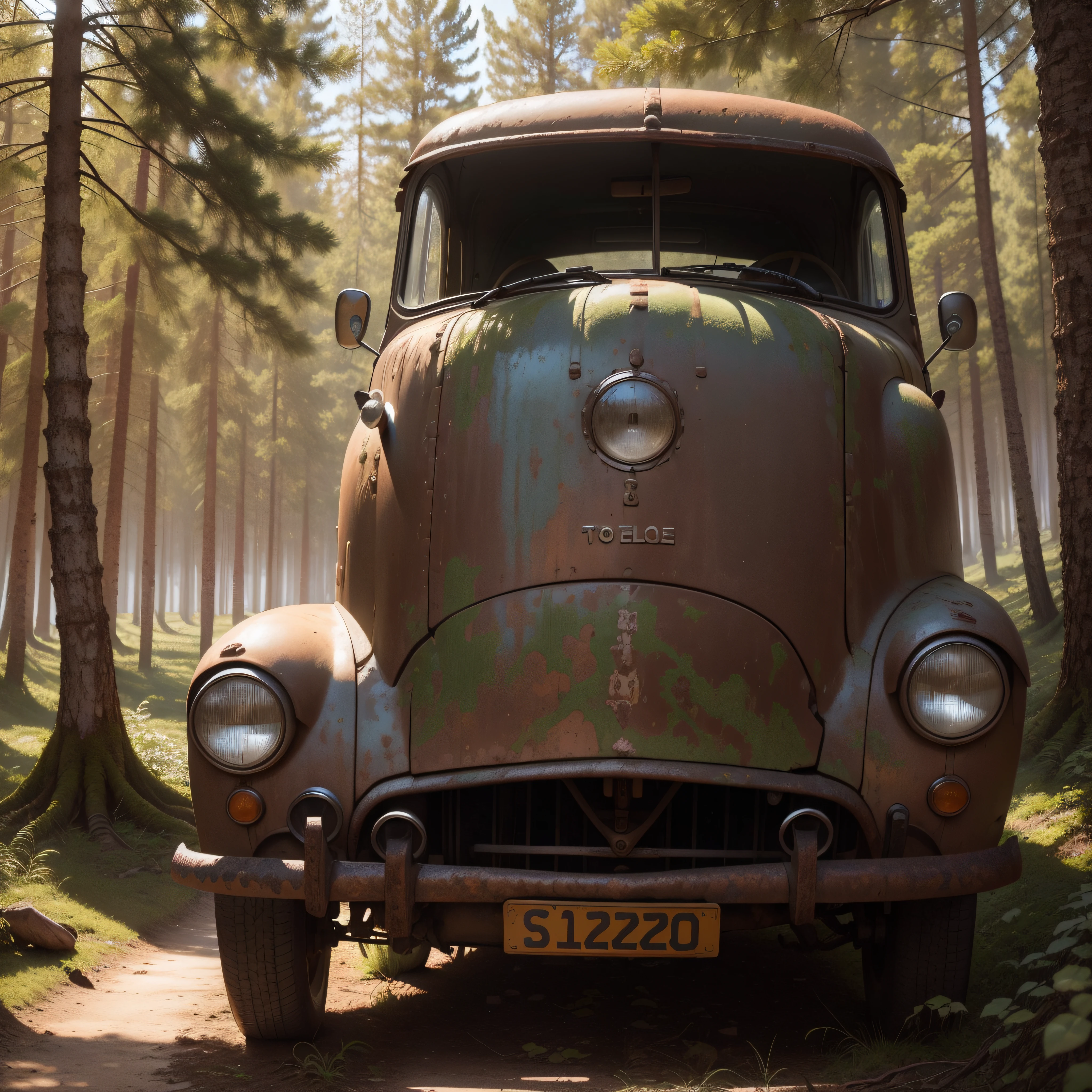 (extremadamente detallado, obra maestra, La mejor calidad), paisaje de bosque. en el cielo hay un agujero profundo, old and broken car, rusted, abollado, cubierto de plantas, oxidado, sucio. oggre hidden among trees. Daytime Lighting.