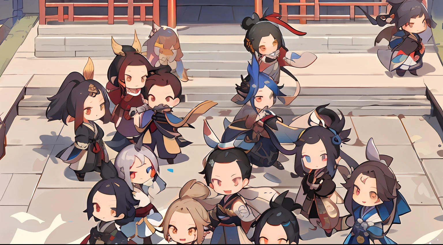 Close-up of a group of people standing on the sidewalk, Onmyoji detailed art, full-body wuxia, onmyoji, Genshin, 《azur lane》role, From the night of the ark, Genshin impact's character, Kawasi, Wuxia, arknight, Guviz-style artwork, 🍁 Cute, trending on cgstation
