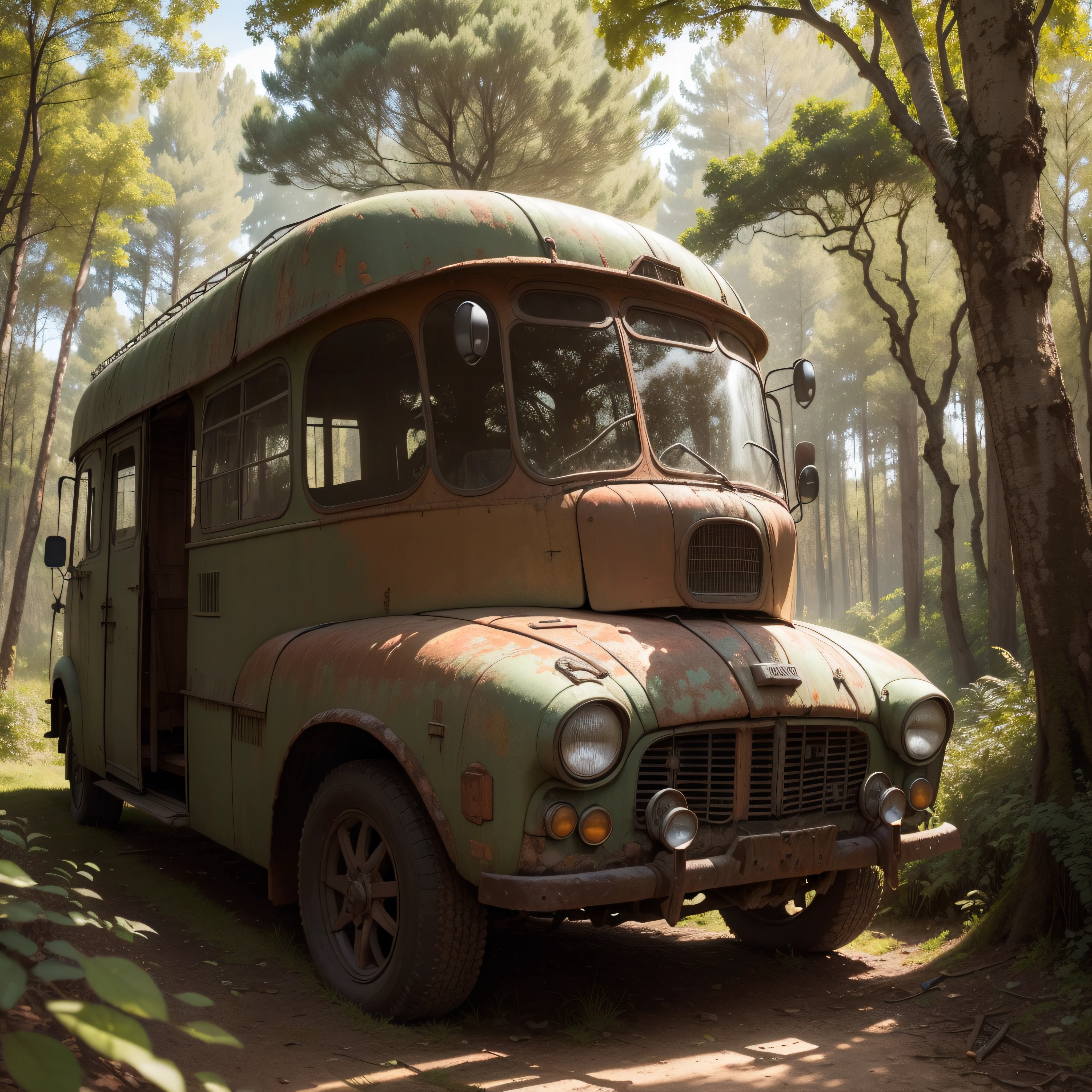 (extremadamente detallado, obra maestra, La mejor calidad), paisaje de bosque. en el cielo hay un agujero profundo, old and broken car, rusted, abollado, cubierto de plantas, oxidado, sucio. oggre hidden among trees. Daytime Lighting.