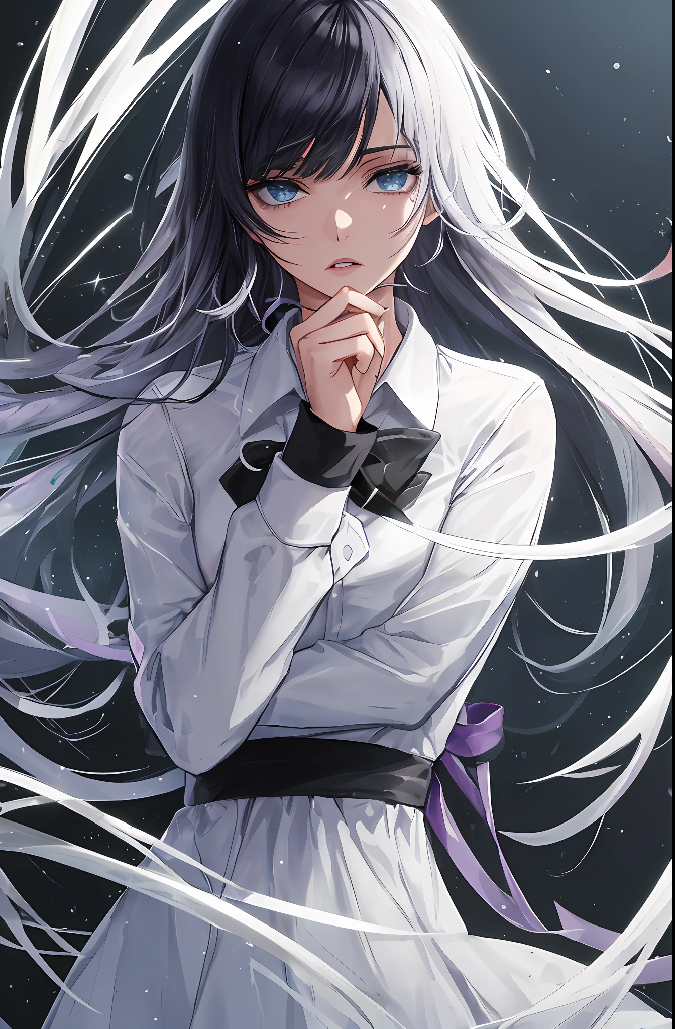 kk, melhor qualidade, mais detalhes, obra-prima, kaneki ken, 1 girl, foco feminino, solo, heterocromia, fundo preto, franja, olhos vermelhos, olho cinzento, cabelo curto, camisa, hand up, cabelo branco, camisa de colarinho, esmalte, camisa preta, Split lips, olhando para o espectador, parte superior do corpo, dentes, unhas pretas, luxo, 8k, detalhado, ray tracing, profundidade de campo, cinematic lighthing, sangue,unhas bem desenhadas, dedos normais