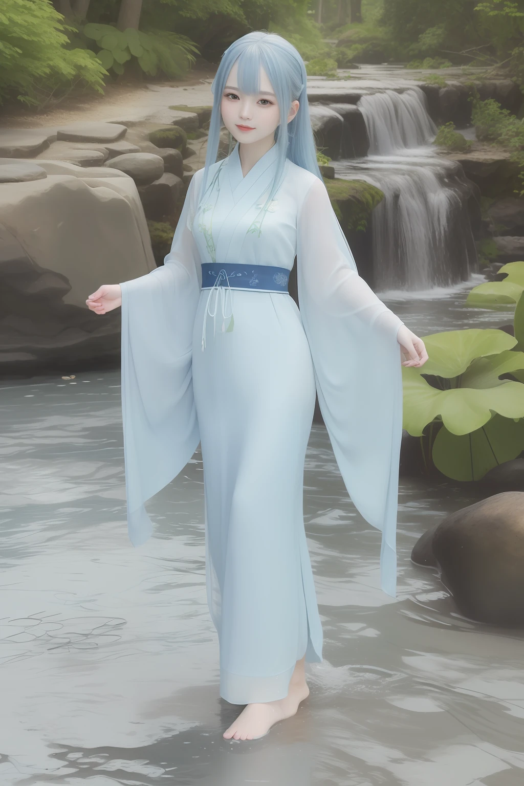 ((4k,masterpiece,best quality)), shuimobysim, traditional chinese ink painting, lotus, hanfu, maxiskit, dress conservatively 1girl, solo, long blue hair, smile, standing, feet in the water, barefoot,