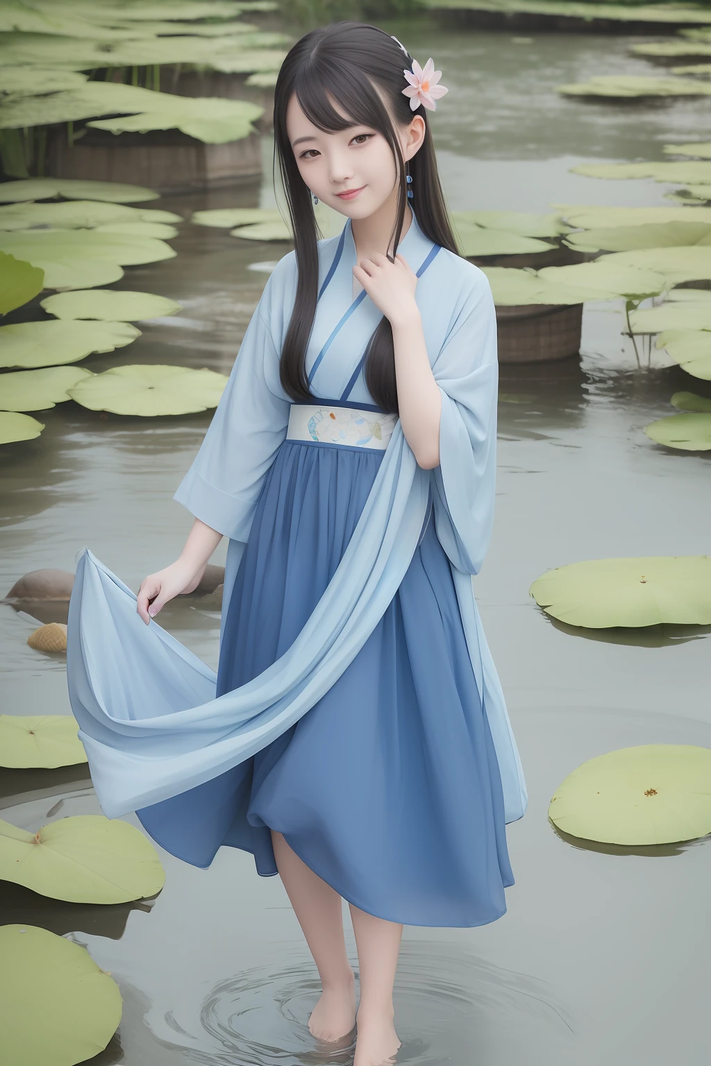 ((4k,masterpiece,best quality)), shuimobysim, traditional chinese ink painting, lotus, hanfu, maxiskit, dress conservatively 1girl, solo, long blue hair, smile, standing, feet in the water, barefoot,