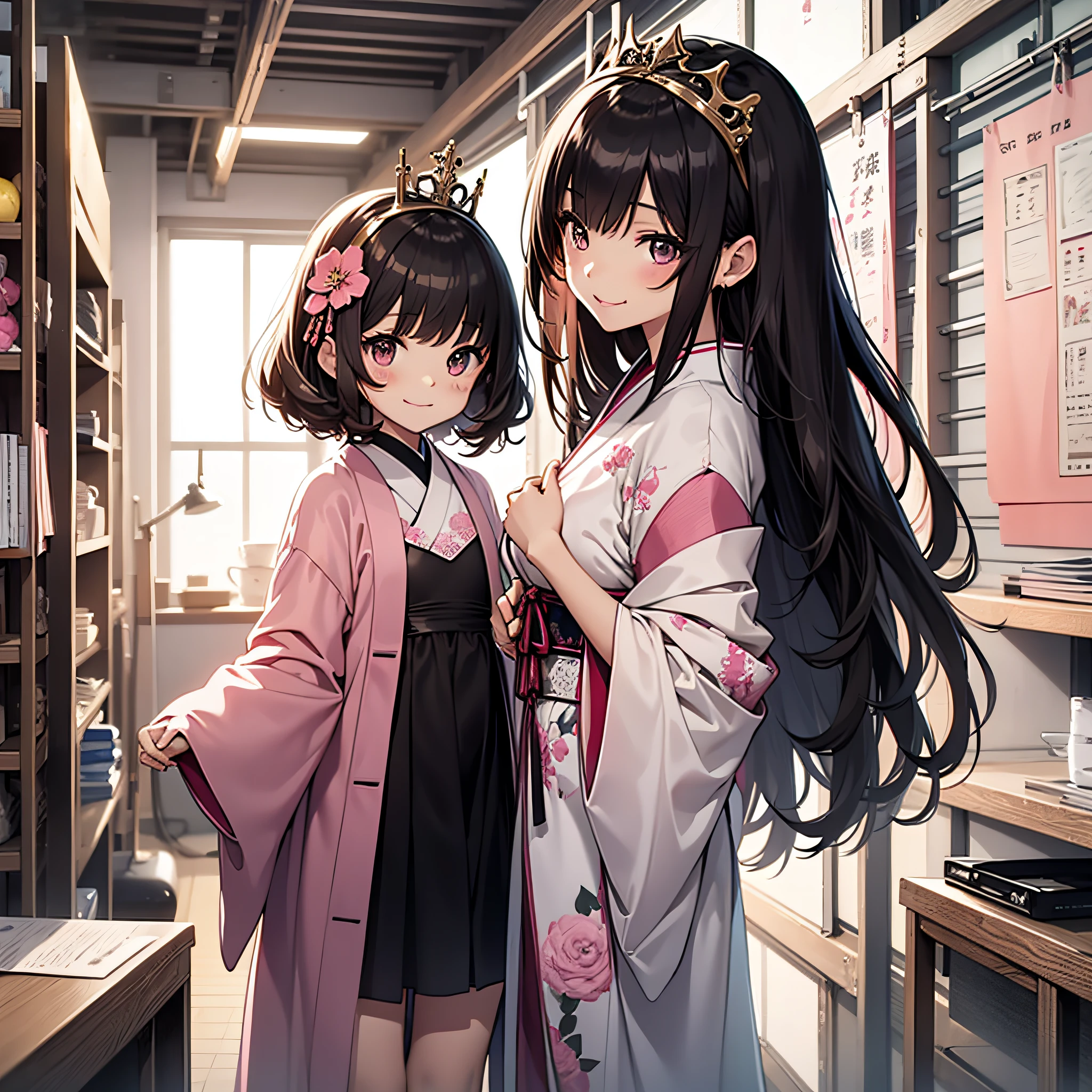 top-quality、extremely delicate and beautiful、Soio、8-year-old little girl、japanes、elementary student、A dark-haired、(Pink leotard)、dress room、Tiara on the head、A smile、is standing