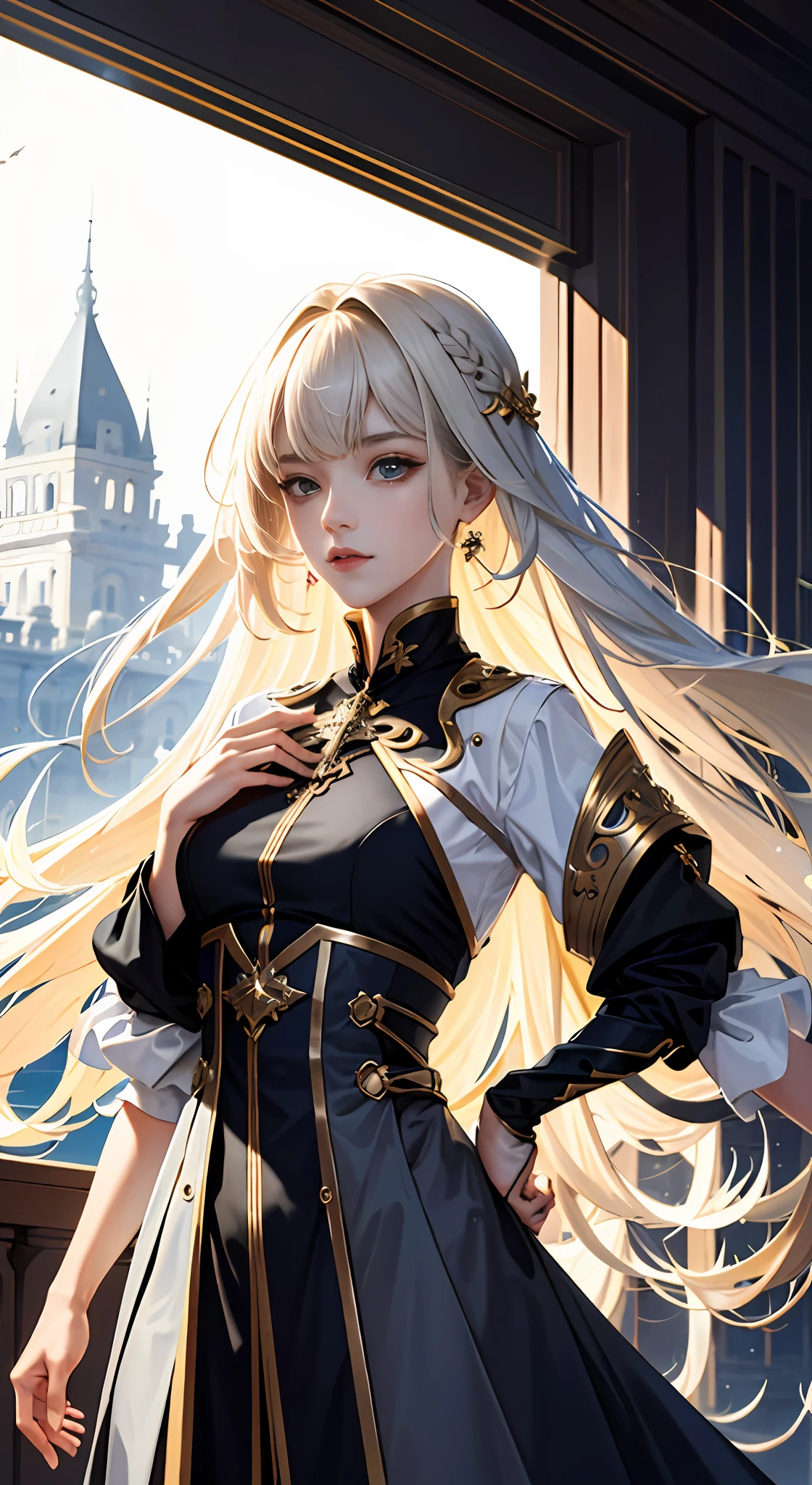 extremaly detailed cg，A high resolution，best qualtiy，tmasterpiece，（a beauty girl：1.3），（GameCG），hutaodef，>_，Gray tunic，long whitr hair，Modern fashion，Yellow-haired，