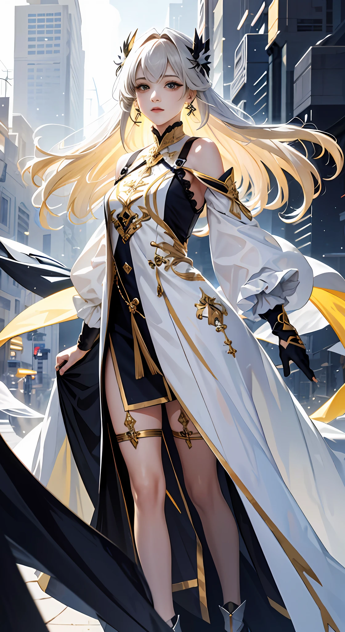 extremaly detailed cg，A high resolution，best qualtiy，tmasterpiece，（a beauty girl：1.3），（GameCG），hutaodef，>_，Gray tunic，long whitr hair，Modern fashion，Yellow-haired，