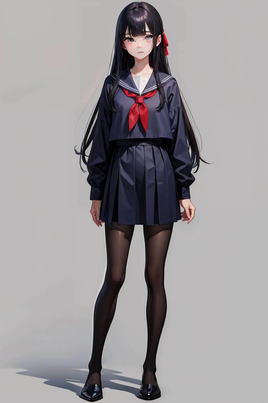 A dark-haired、Long hair、Navy blue sailor suit、Black tights、Red Ribbon、sharp eye、deadpan、Standing Pose、Bangs Patsun、Bangs short