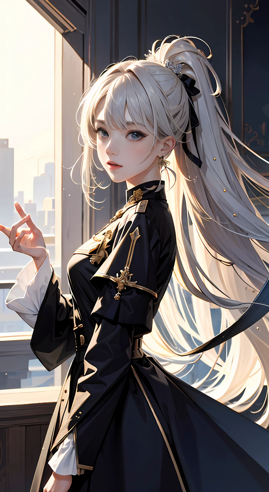 extremaly detailed cg，A high resolution，best qualtiy，tmasterpiece，（a beauty girl：1.3），（GameCG），hutaodef，>_，Gray tunic，long whitr hair，Modern fashion，Yellow-haired，