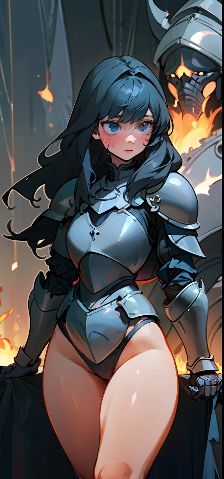 1 Girl, light blue eyes, big black hair, locks of hair, bangs, hair detail, strands of hair detail, (lights effect on hair), ((sexy black knight armor)), big chest, thick legs, thick thigh, background scenery, in hell, surrounding fire, ambient detail, ultra detailed