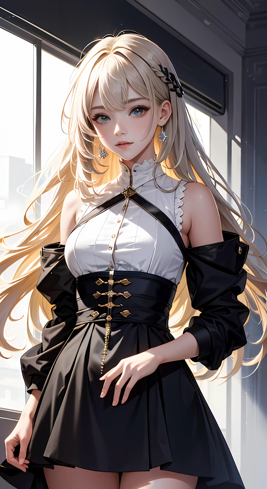 extremaly detailed cg，A high resolution，best qualtiy，tmasterpiece，（a beauty girl：1.3），（GameCG），hutaodef，>_，Gray tunic，long whitr hair，Modern fashion，Yellow-haired，