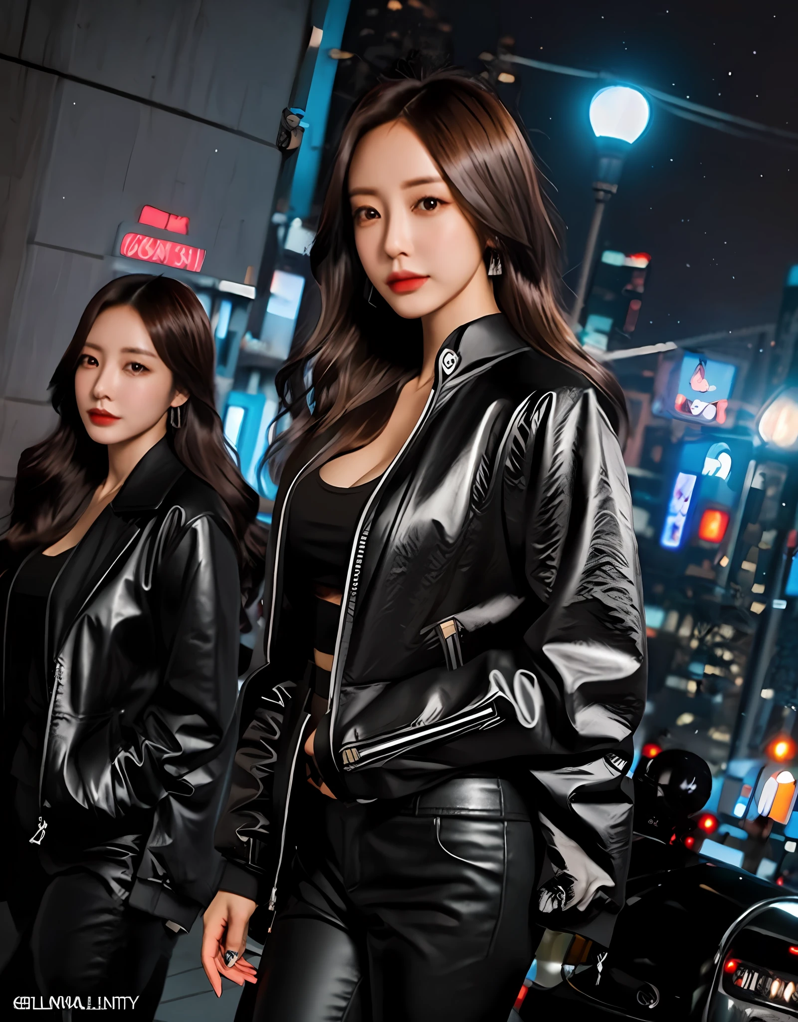 photography of, A beautiful Japanese woman walks the streets of Night City as a cyclist, (Raised sexy:0.5), seductress, oval_face, Expressive_Eyes, straight_nase, Thin_Lips, brown_Eyes, flirting with the camera, pervert smirk, Firm_Breasts, (Detailed eyes:1.2), brunette color hair, Wear the perfect jacket and breeches, model shoot style, nighttime scene, Light_af_Lanterns, Car_lamp lights, neonlight_Light_From_Billboards, (extremelydetailed8Kwallpaper), professional_Photo, Popular on artstation, Popular on CGsociety, 复杂, high detal, Sharp focus, dramatics, photo-realism, hdr, Romantic_lighting, Low_Angle shooting