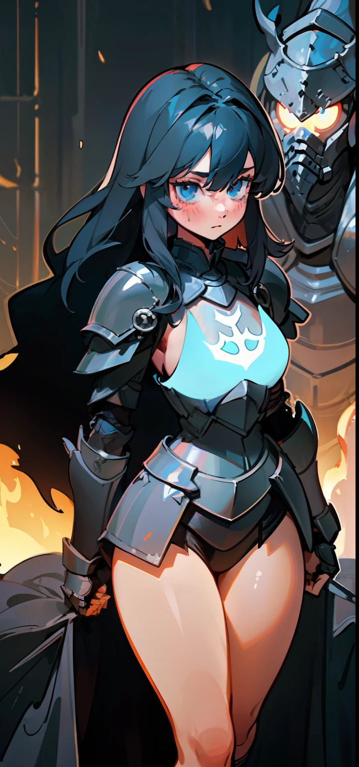 1 Girl, light blue eyes, big black hair, locks of hair, bangs, hair detail, strands of hair detail, (lights effect on hair), ((sexy black knight armor)), big chest, thick legs, thick thigh, background scenery, in hell, surrounding fire, ambient detail, ultra detailed
