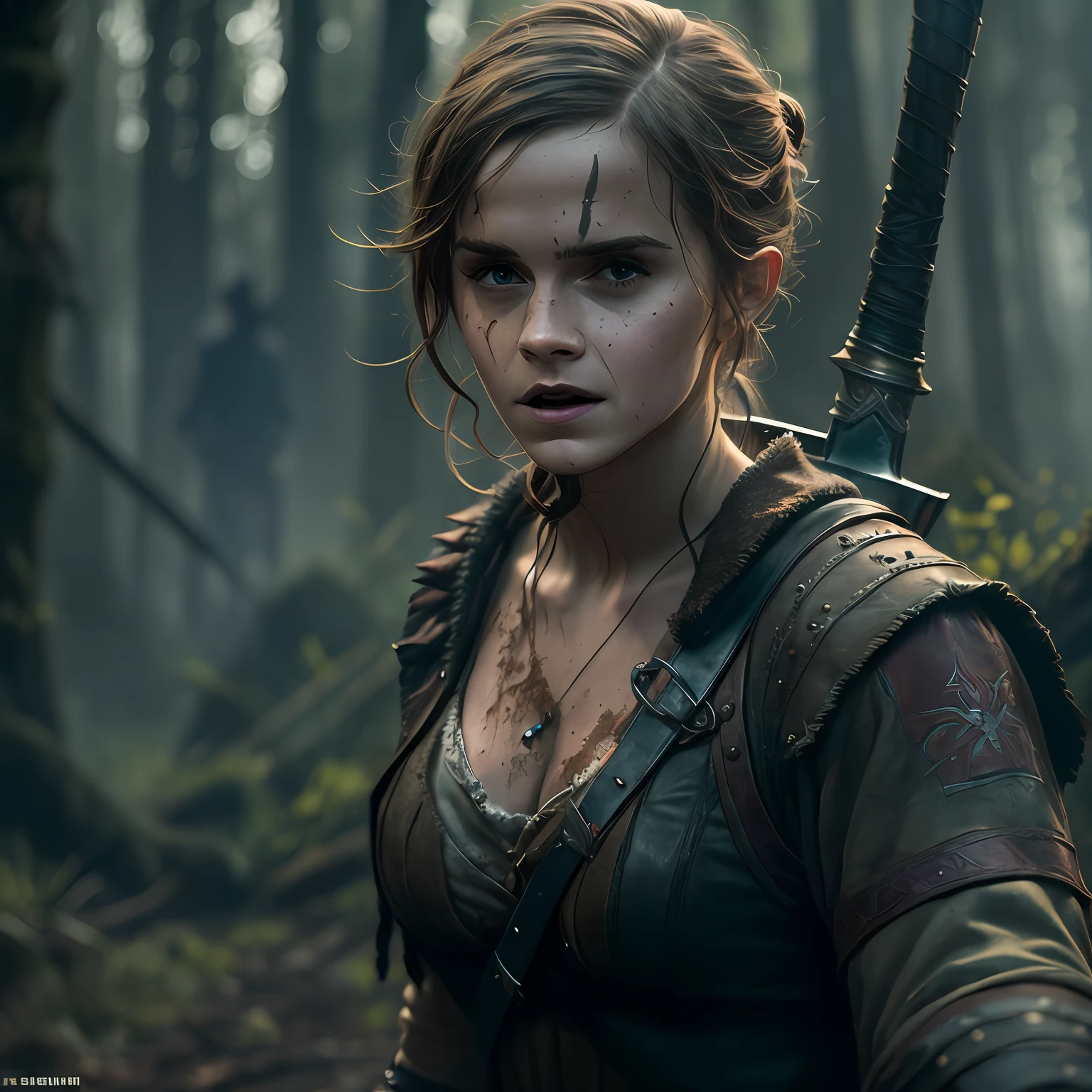 Emma Watson as a Witcher, dirty, strong but slim body, detailed face, muddy forest. Determined, angry, Holding a bastard sword, fight scene,