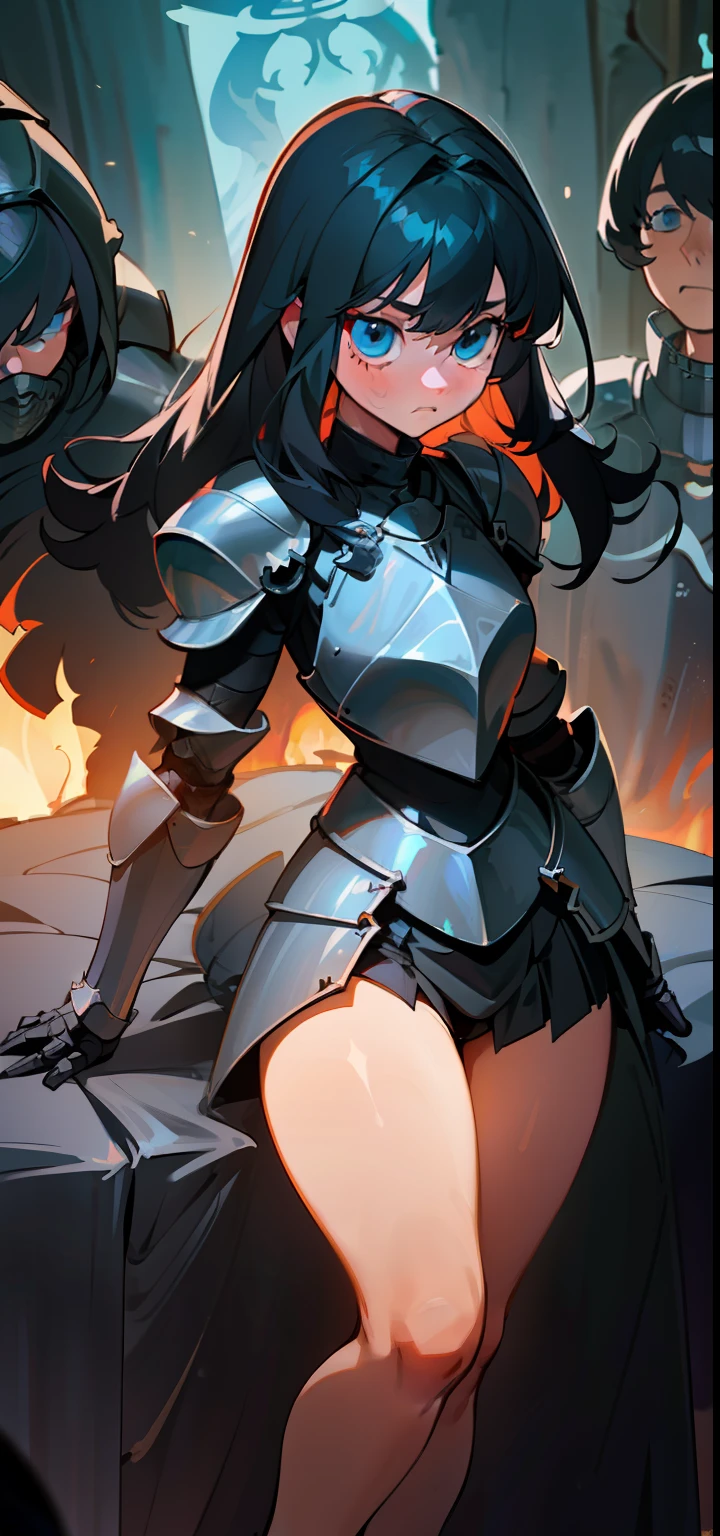 1 Girl, light blue eyes, big black hair, locks of hair, bangs, hair detail, strands of hair detail, (lights effect on hair), ((sexy black knight armor)), big chest, thick legs, thick thigh, background scenery, in hell, surrounding fire, ambient detail, ultra detailed