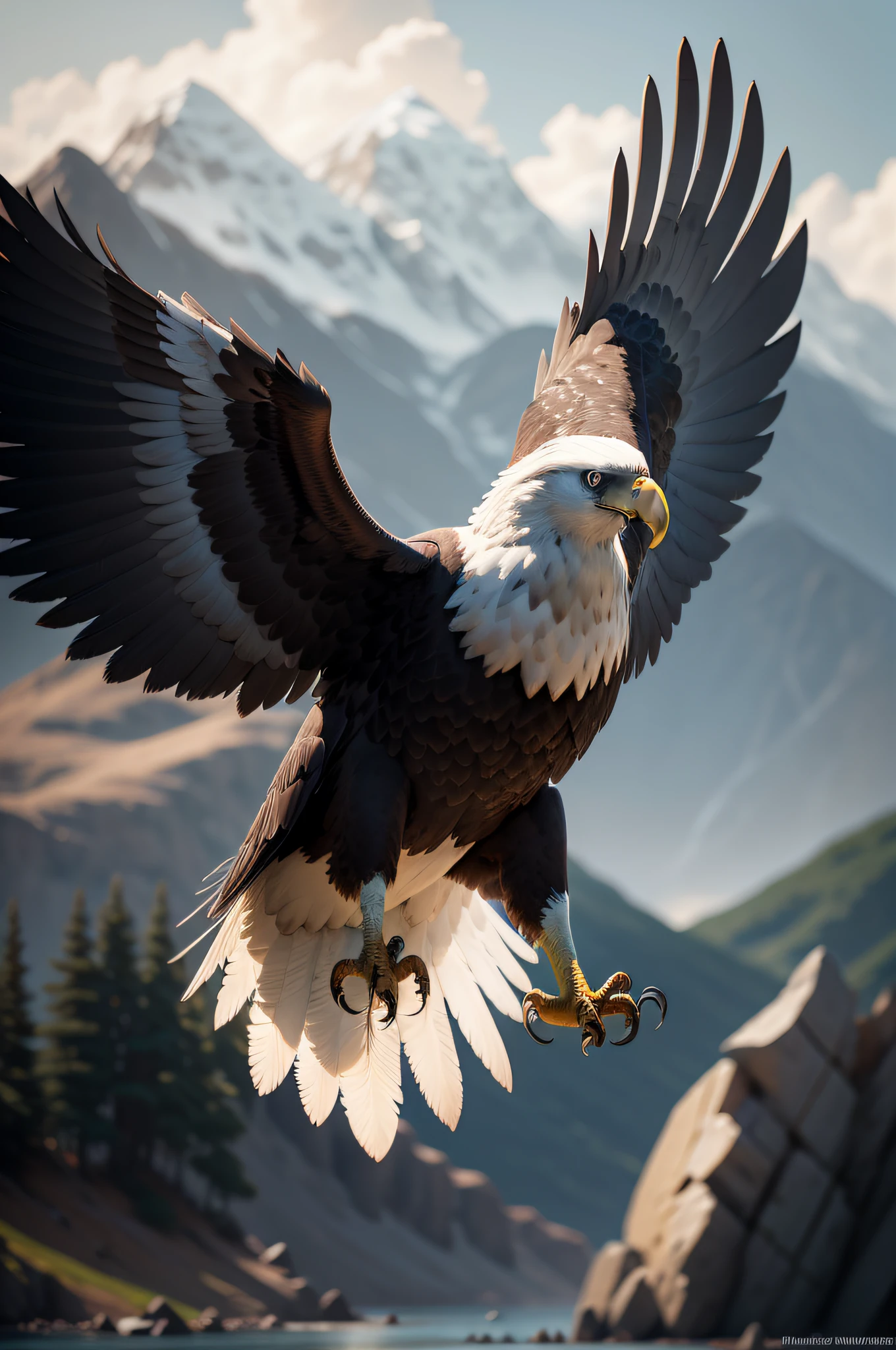 Araffe's eagle flying over a lake with mountains in the background, an eagle flying, an eagle, aquila, eagle wings, bald eagle, foto de retrato, Asas majestosas, eagles, with the beak of an eagle, fotografia altamente realista, foto altamente realista, his arms spread. pronto para voar, majestic symmetrical eagle wings, foto de retrato em close-up, O melhor no Adobe Stock