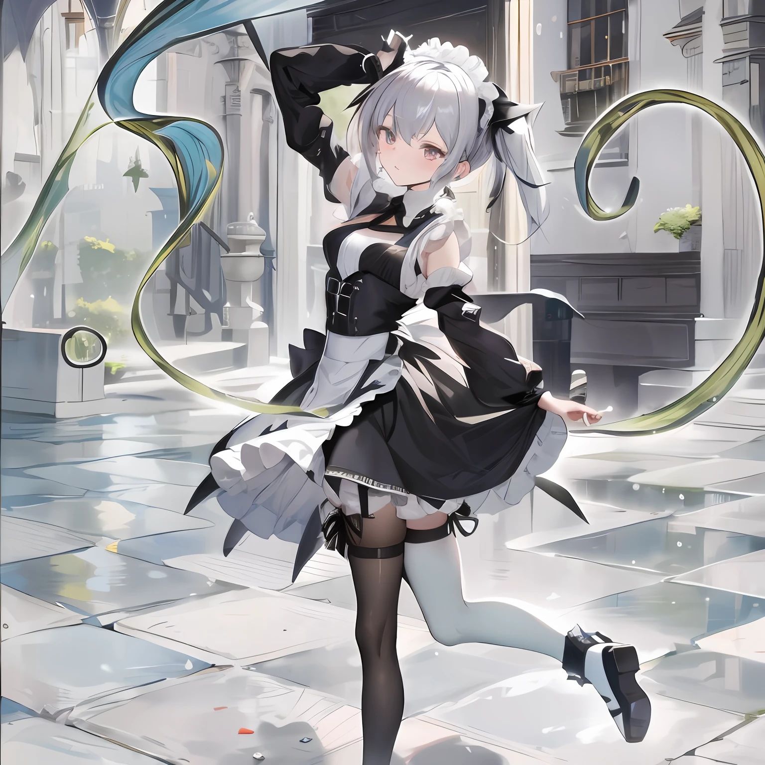 Anime girl wearing maid outfit,Holding a sword in hand, From Arknights, Guweiz in Pixiv ArtStation, from girls frontline, trending on artstation pixiv, Guweiz on ArtStation Pixiv, in dress, Best anime 4k konachan wallpaper, girls frontline style, Fine details. Girl Front