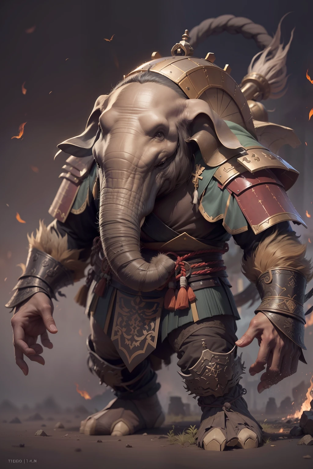 (anthropomorphic turtle),(Elephant Man Samurai:1.4),Huge shield,a tall body,Stout limbs,Look at me condescendingly,disdain,despise,tosen,((closeup cleavage,facial closeups,Close-up strengthened)),The long hairs of the flame fluttered in the wind,combats,Dynamic lines,Dimly lit battlefield,Ruined castle,(stereoscopic perspective:1.4),Works of masters,super-fine,4K分辨率,high qulity,电影灯光,High picture detail,Detailed pubic hair,Epic shooting,Clearly focused hair,Detailed hair depiction,acurate