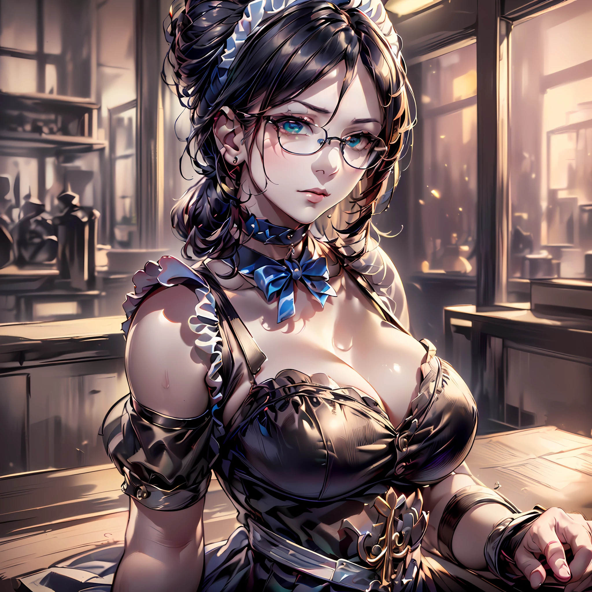 (64k, RAW photo, highres, best quality, masterpiece:2.0), (ultra-fine depiction of the detail:2.0), (realistic, beautiful, photo-realistic:1.3), 1girl, (yuri alpha), (long black hair, slightly messy), (slightly messy diagonal bangs:1.0), (single braid bun, double bun), (shiny black hair, blue-gray eyes), (cool glasses), (gothic style vivid blue choker), (blue bowtie and ribbon), (simple but high-quality maid dress), (elaborately designed, vivid dark emerald green, spiked gantlets), (solemn maid dress with gothic style coreset), (huge breasts, sexy cleavage), (elegant and handsome woman), (shiny skin, pink lips), (looking at the viewer), (closed mouth, a faint smile), (a caring, gentle gaze towards the viewer:1.2), (at a library check-out counter, in the evening, filled with solemn, mysterious atmosphere), (highly sophisticated professional HDR, with effective ambient occlusion, perfectly optimized effective spot light and front light:1.8), (perfect, natural, harmonious composition), (photo-realistic, ultra-detailed:1.5), ((portrait, cowboy shot:1.6))