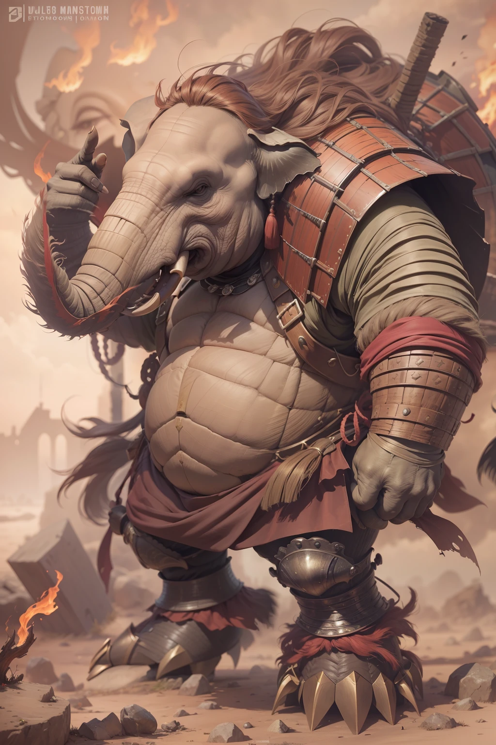 （anthropomorphic turtle），（Elephant Man Samurai：1.4），Huge shield，a tall body，Stout limbs，Look at me condescendingly，disdain，despise，tosen，（（closeup cleavage，facial closeups，Close-up strengthened）），The long hairs of the flame fluttered in the wind，combats，Dynamic lines，Dimly lit battlefield，Ruined castle，（stereoscopic perspective：1.4），Works of masters，super-fine，4K分辨率，high qulity，电影灯光，High picture detail，Detailed pubic hair，Epic shooting，Clearly focused hair，Detailed hair depiction，acurate