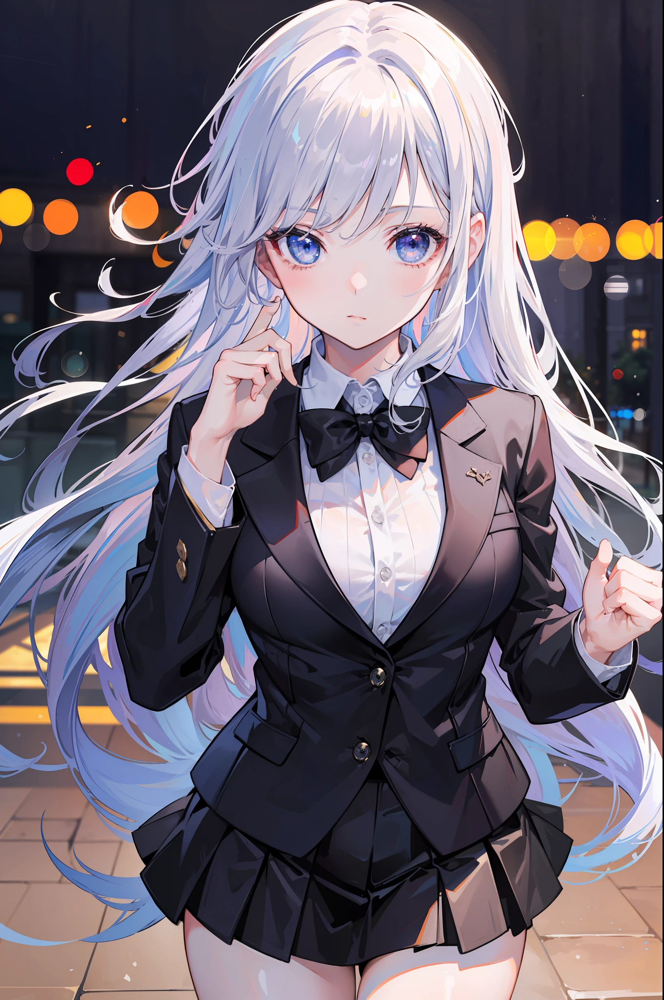 best quality, masterpiece, 1girl, Beautiful face, (photo realistic:1.3), rim lighting, (high detailed skin:1.2), 8k uhd, dslr, high quality, high resolution, 4k, 8k, Bokeh, absurdres, best ratio four finger and one thumb, (realistic:1.3), cute 1girl, wearing black formal blazer, medium breasts, short skirt,