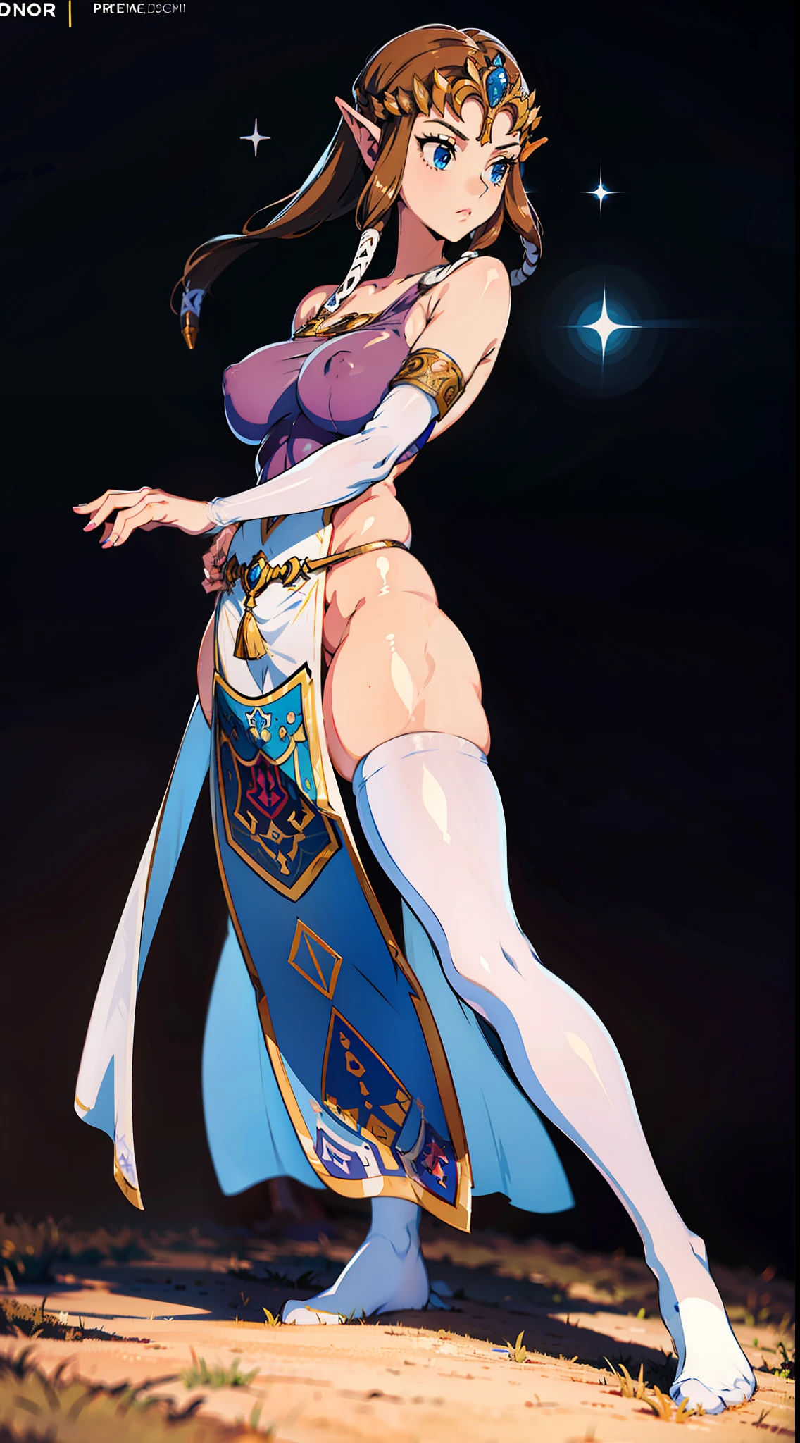 8K high definition, high accuracy, Princess Zelda, beautiful figure, beautiful face, small face, mature build, beautiful, bright, highlights in eyes, small ears, brown hair, very big breasts, beautiful line drawing, nothing on, naked, nude, full body tights, shiny outfit, head to waist description, blue eyes, erotic atmosphere, night background, large breasts, very Very huge breasts, huge breasts, big tits,