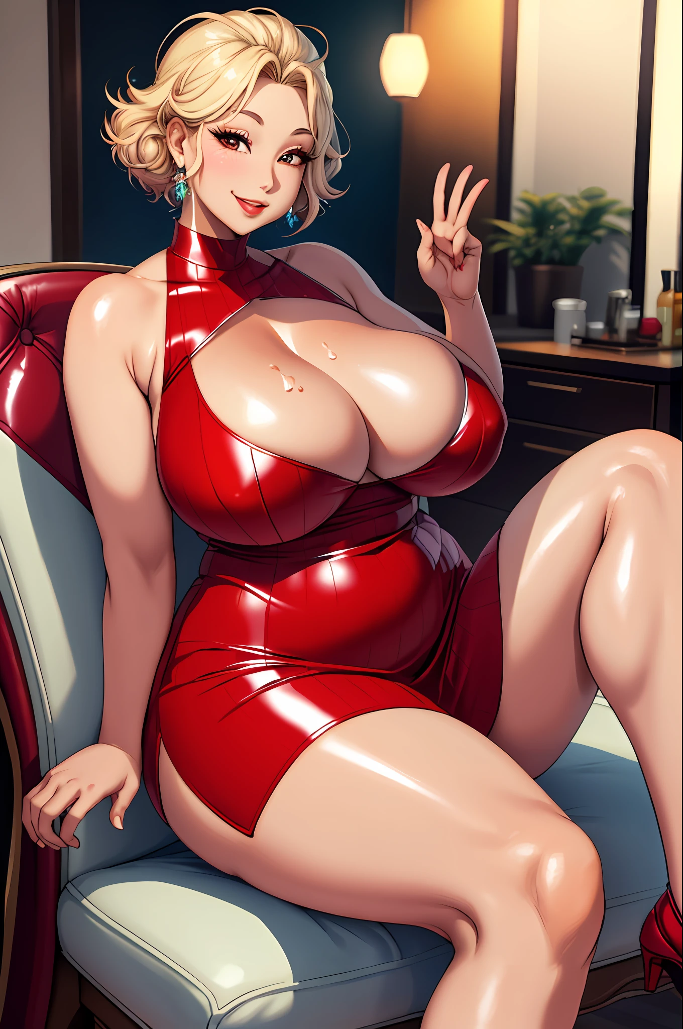 Hot mom，独奏，（：1.3），thick thight，upper legs，Wide buttock，dent in the skin，Double tail，blond hairbl，ssmile，cheerfulness，（Red latex dress：1.2），cparted lips，plumw，a chair，exposed midriff，protruding areolas，gigantic cleavage breasts，4K，realistic humid skin，Armpits，Large curved hips，Sat down，Stick out a very long tongue，Fleshy figure，with perfect legs，Hypertrophic，protruding areolas，crouched，Bronzed skin，detailed lips，bubble butt，Dewy，mouth drool，Place your fingers between your legs，Smiling，Heavy makeup，eye shadows，leg apart，fatness，middle aged women，with brown skin，omao，pubes