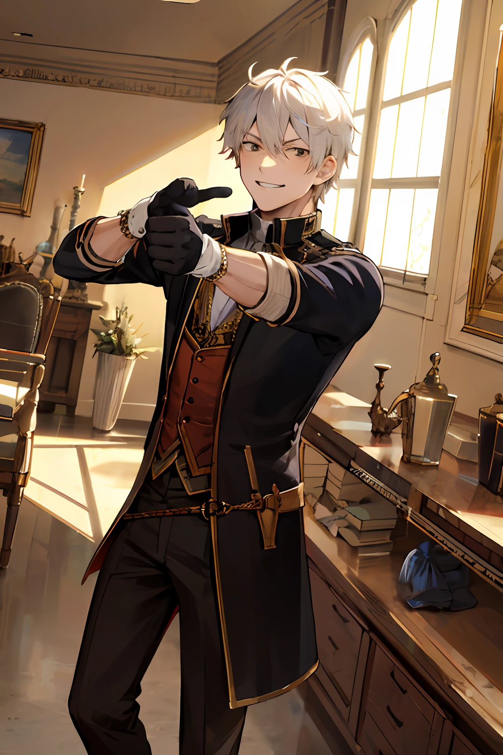 (masterpiece, best quality:1.2), cowboy shot, solo, male focus, 1boy, gojo satoru, smile, hands in pockets, blindfold, fit shirt, fighting stance