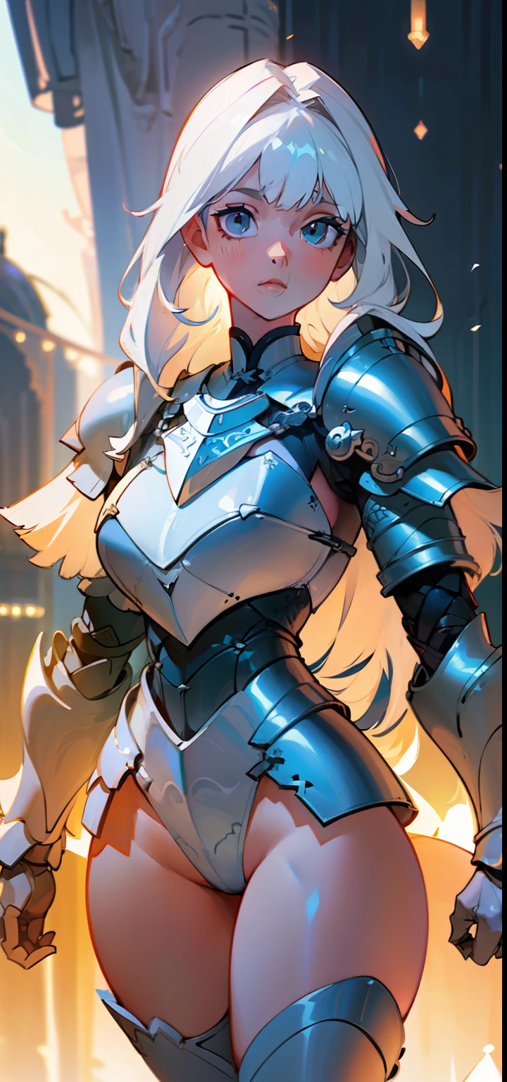 1 Girl, light eyes, big white hair, locks of hair, bangs, hair detail, strands of hair detail, (lights effect on hair), ((sexy white knight full armor)), big chest, thick legs, thick thigh, backdrop, in the sky, in heaven, ambient detail, ultra detailed