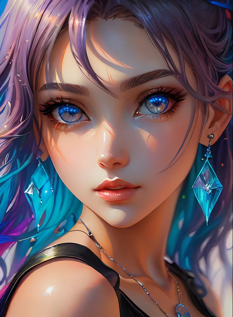 ((top-quality)), ((​masterpiece)), ((realisitic)), (detaileds),animesque、anime styled、 (1人の女性）Earrings only accessories、Close up portrait of woman with amber hair、Very beautiful glowing eyes, Like crystal clear glass、Tank Tops、Summer clothes、4K high-definition digital art、stunning digital illustration、Stunning 8K artwork、colorfull digital fantasy art、Colorful and bright、beautiful digital works of art、Colorful Digital Anime Art、Portrait of beautiful woman、8K HD Digital Wallpaper Art、 Gorgeous Digital Painting