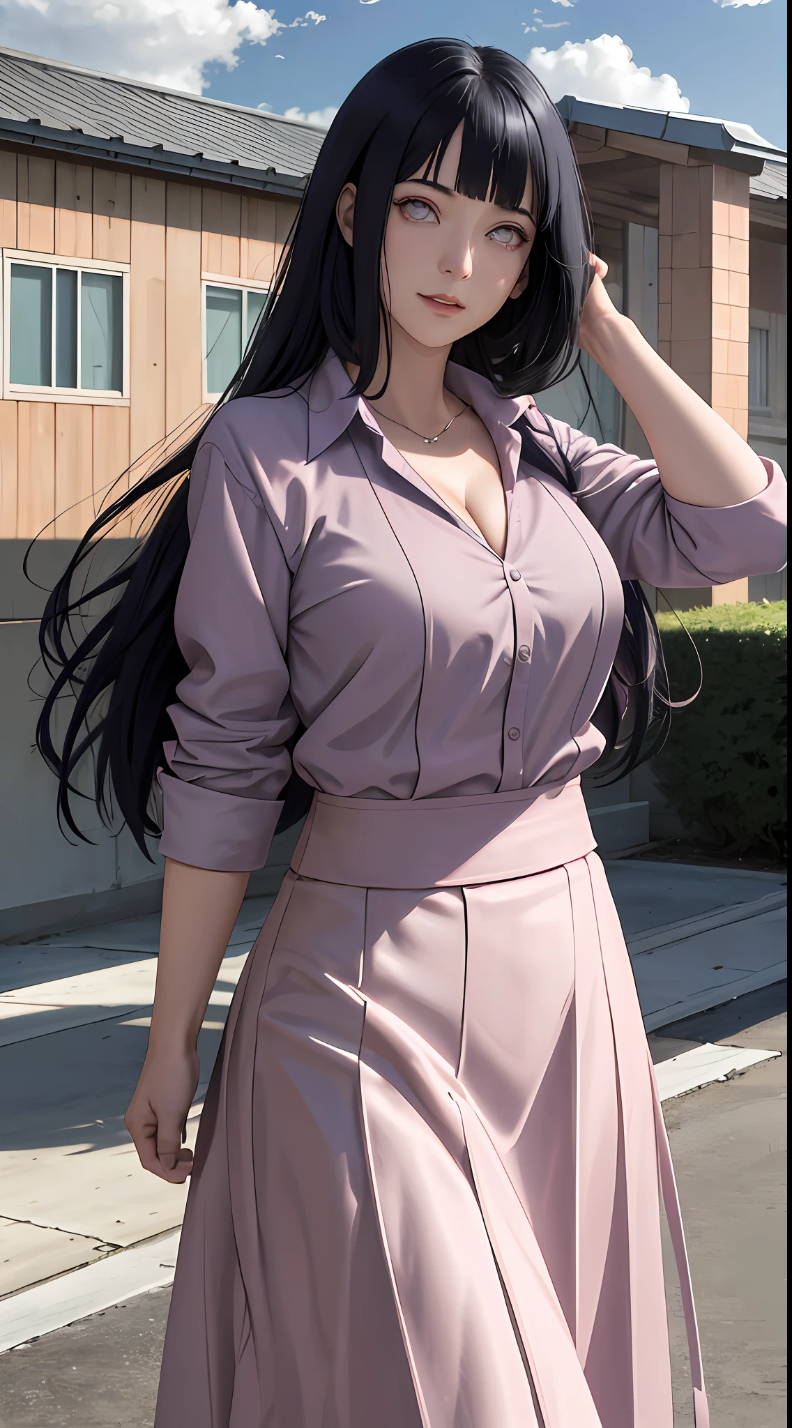 tmasterpiece, hyouka\(Boruto),Close-up shot,closeup cleavage,Large breasts,cleavage, 1girll, 独奏, younger female, ((((High School Uniforms)))), (high-school), exteriors, looking at viewert, mostly cloudy sky, perfect compositions, Detailed lips, School buildings,, beauitful face, Body support, Be red in the face, (redish pink lips), ((long whitr hair)), a purple eye, Soft gaze, Sad smile, Super realistic, A detailed, Shot, Realistick faces and bodies, photo-realistic hair, photorealistic eye, realistic nose, realistic lips, (((dark-blue hair))),19 year old girl,Flowing skirt
