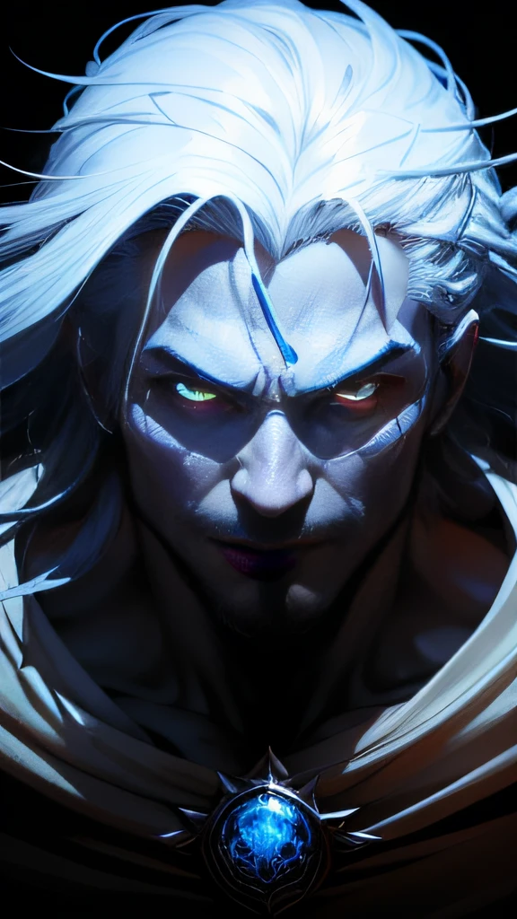 Full moon night,A man with a third eye on his forehead,Let out a long howl to the moon,The blue light flashes,Become a vicious white wolf。 Fierce eyes, It's scary, Top view, Cinematic light, , comic strip,surrealism,Character Spotlight,Close-up of the bust,Marek Okun style